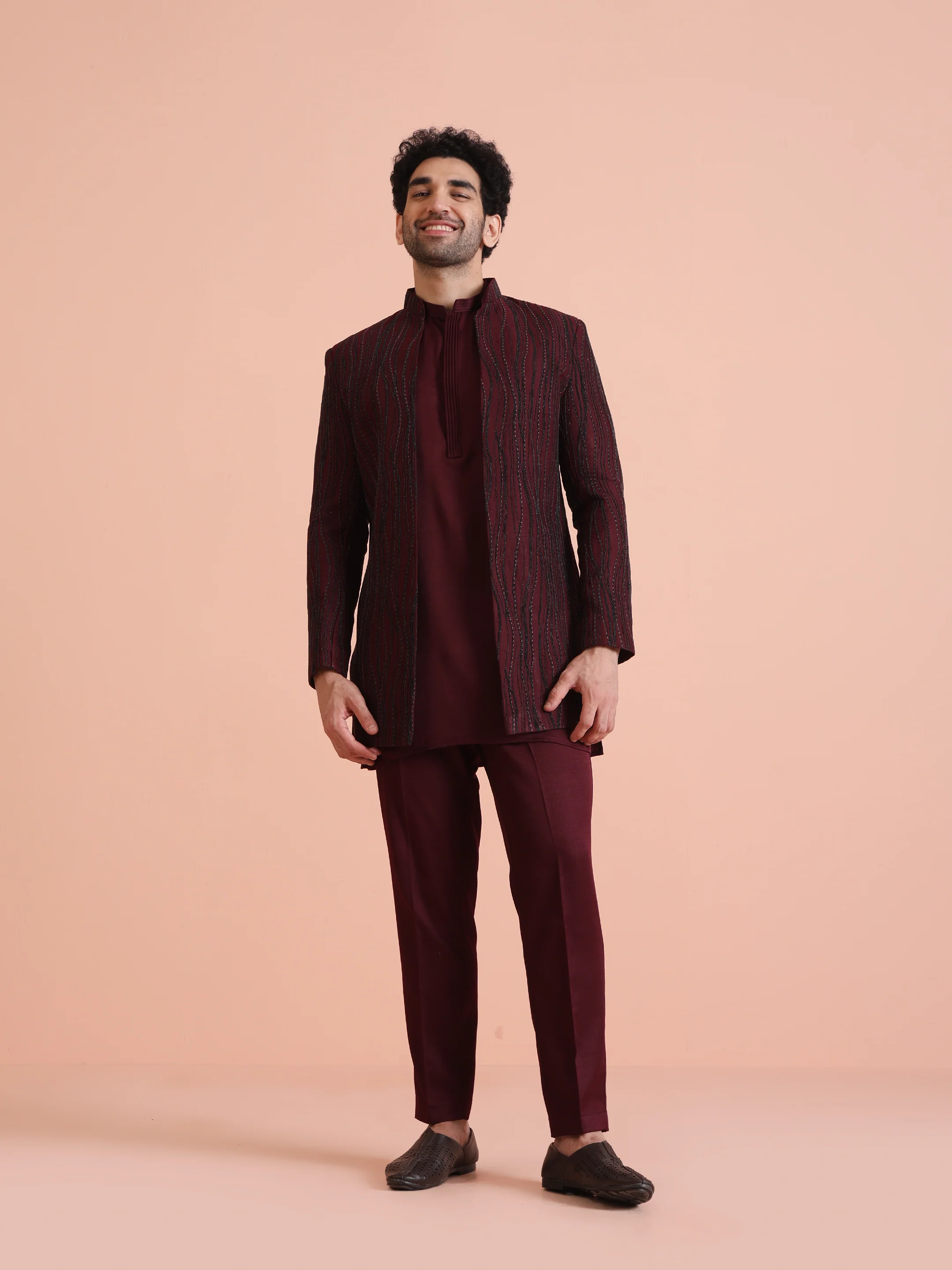 Wine Embellished Double Layer Sherwani Set - Image 7