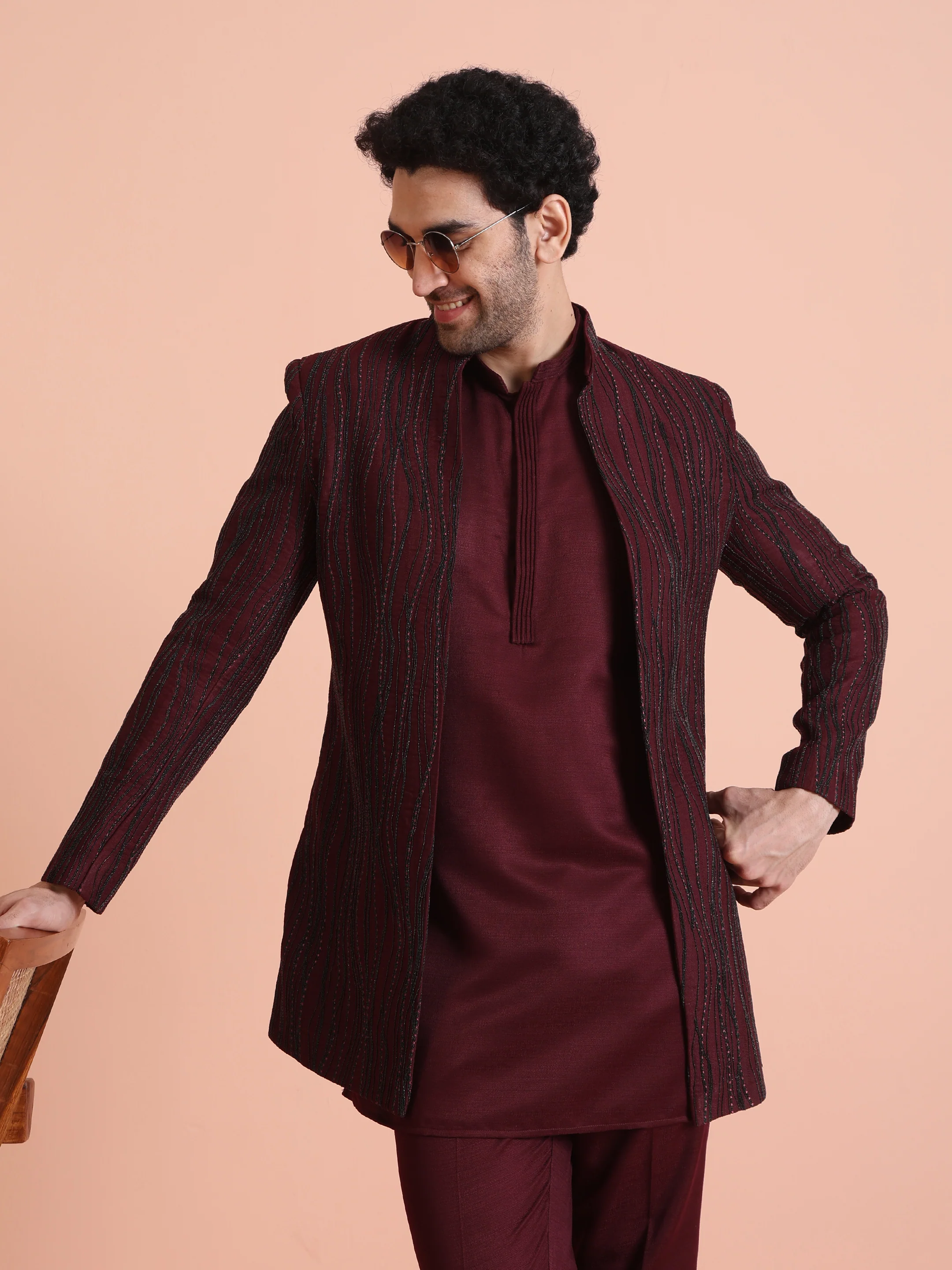 Wine Embellished Double Layer Sherwani Set - Image 8