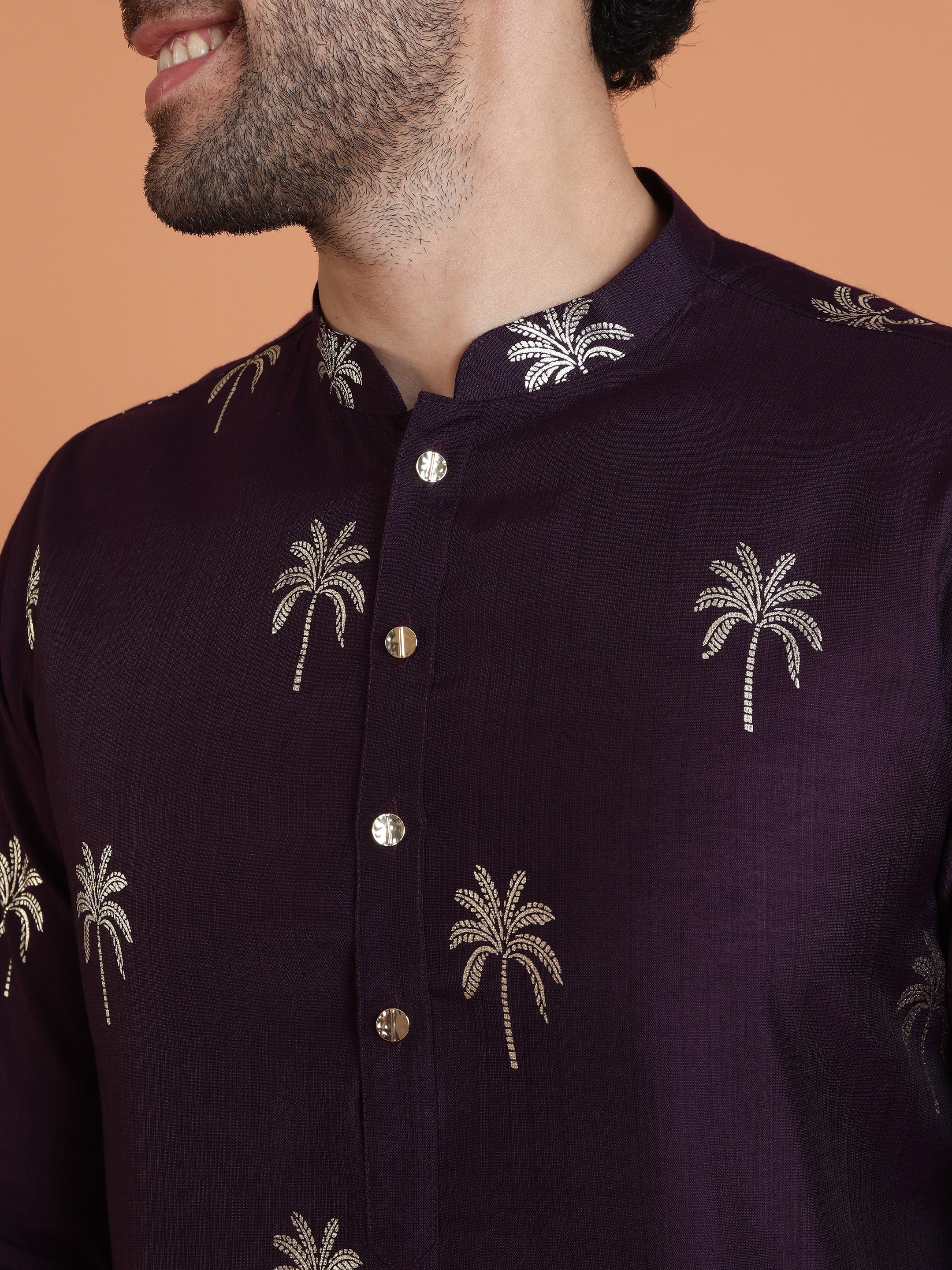 Maroon Printed Kurta with Cream Trouser Set - Image 5