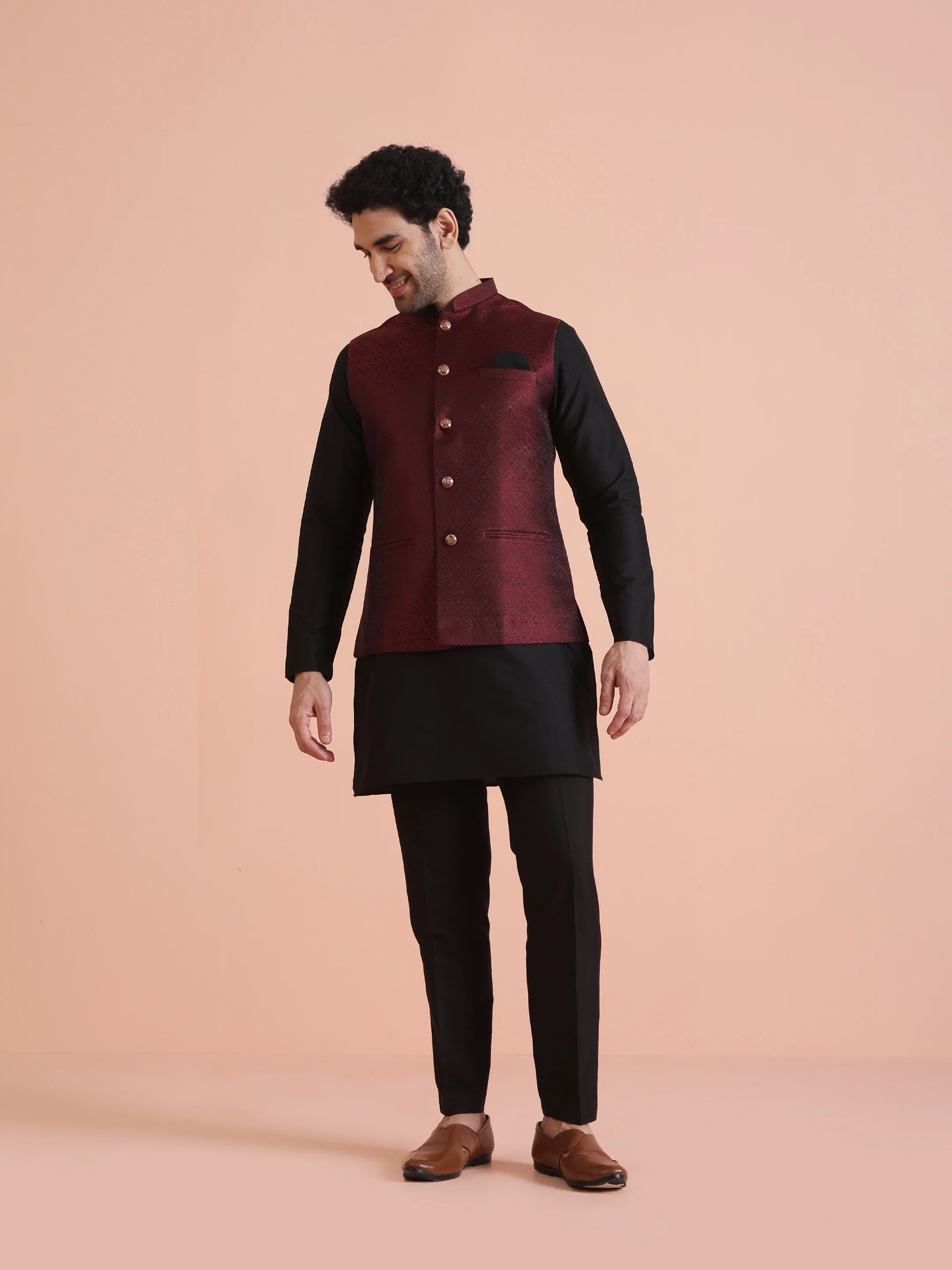 Wine Jacquard Silk Blend Kurta Jacket Set - Image 3