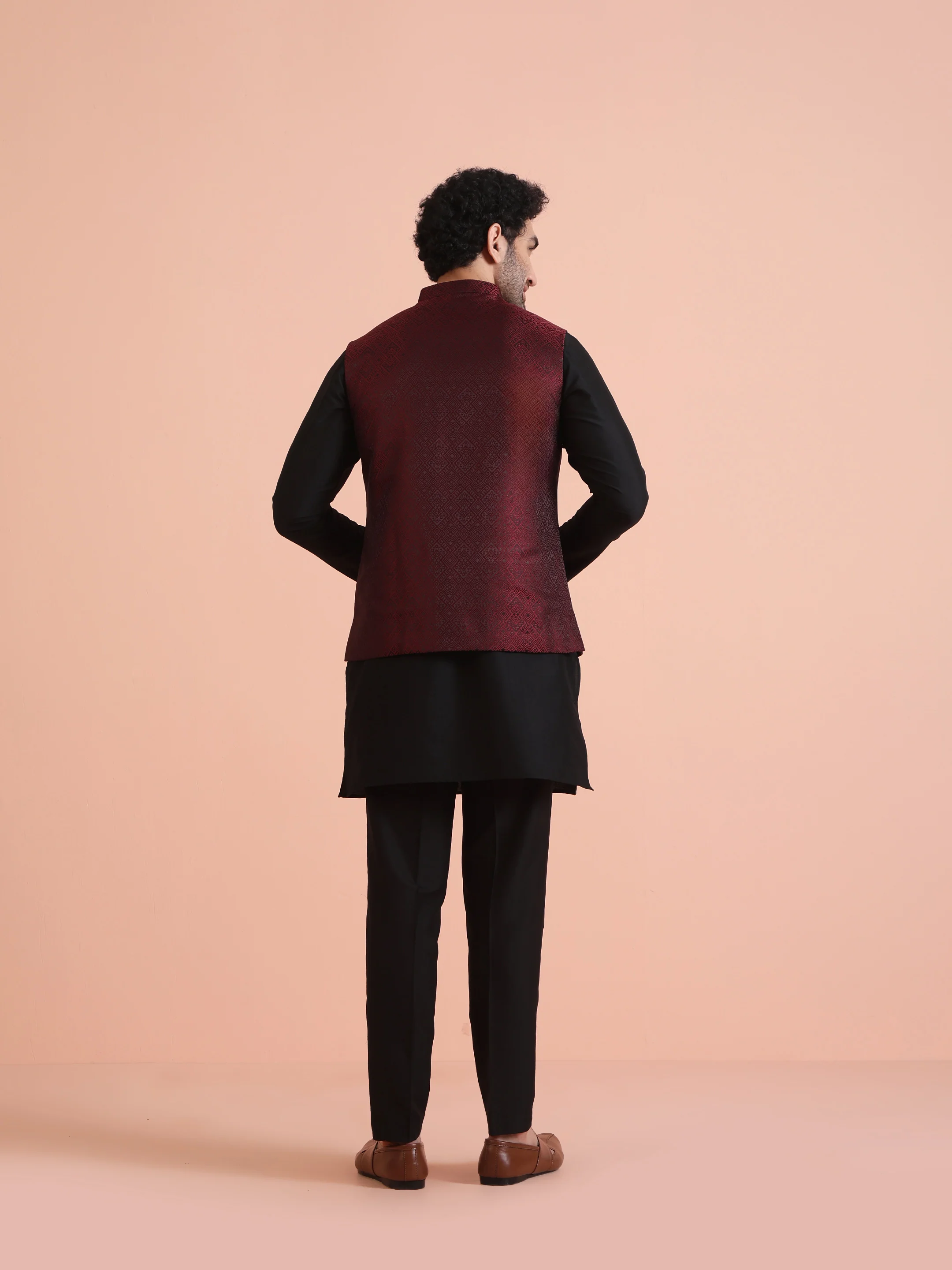 Wine Jacquard Silk Blend Kurta Jacket Set - Image 4