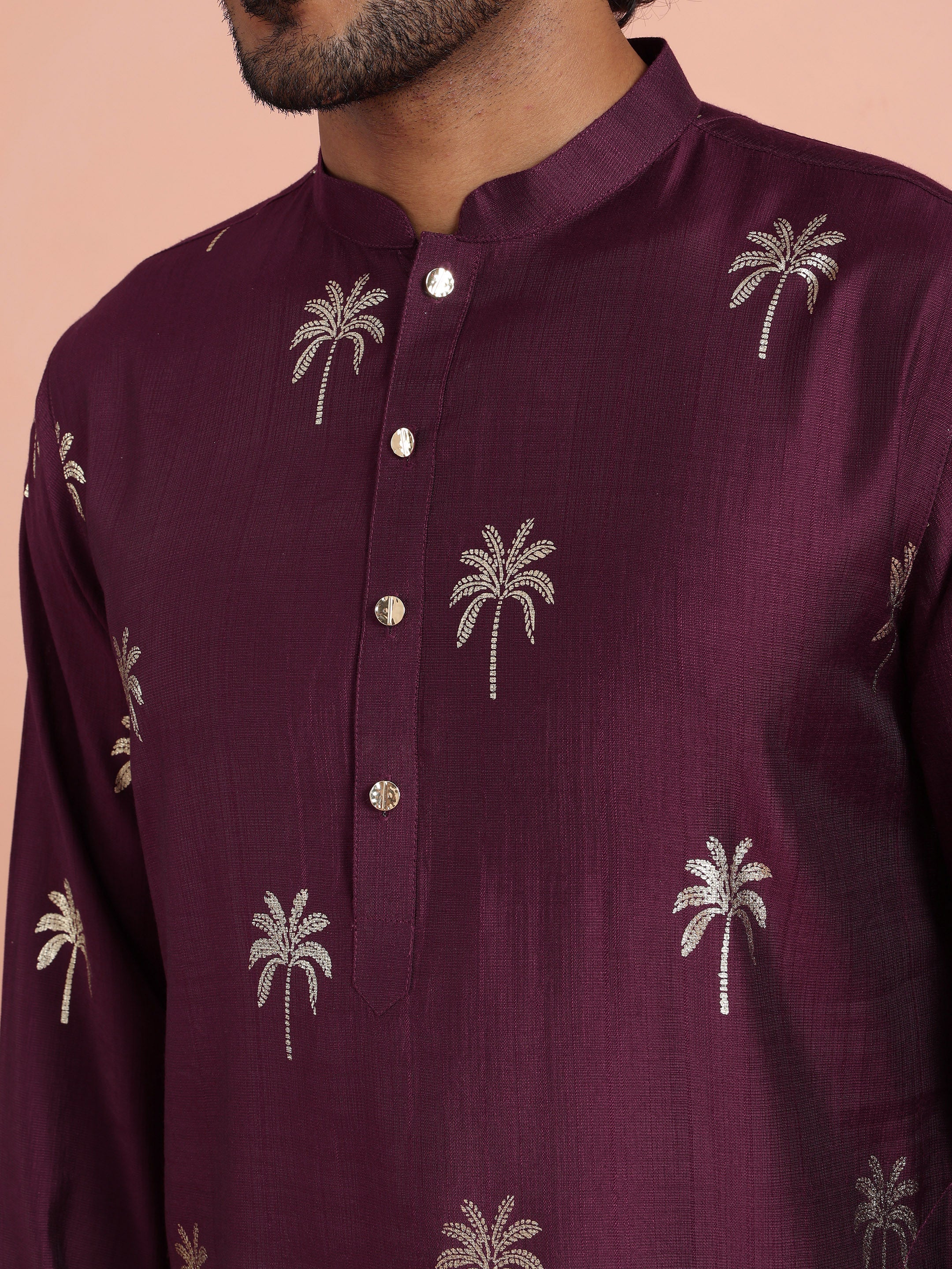 Wine Kurta with Palm Embroidery - Image 5