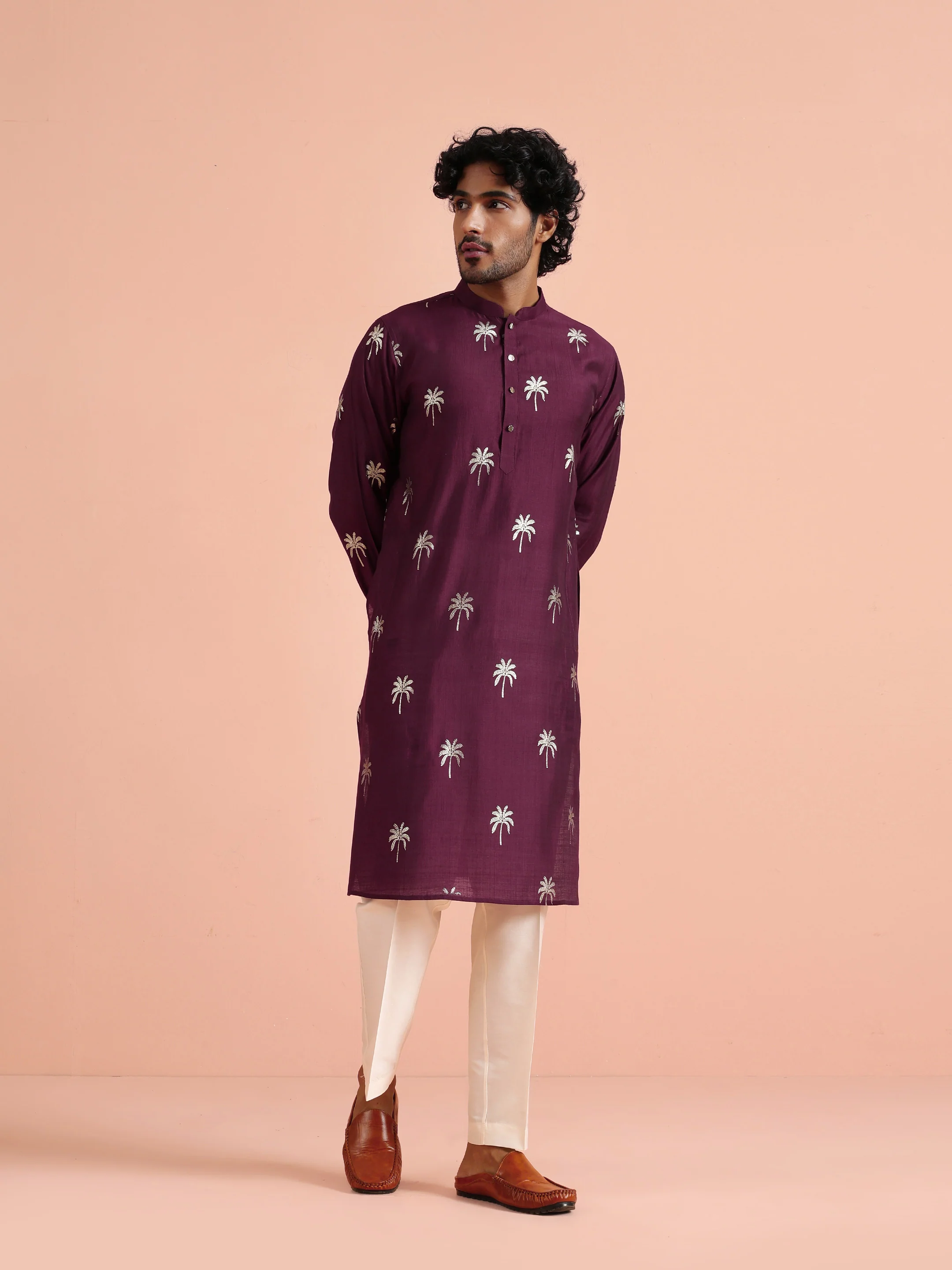 Wine Kurta with Palm Embroidery - Image 7