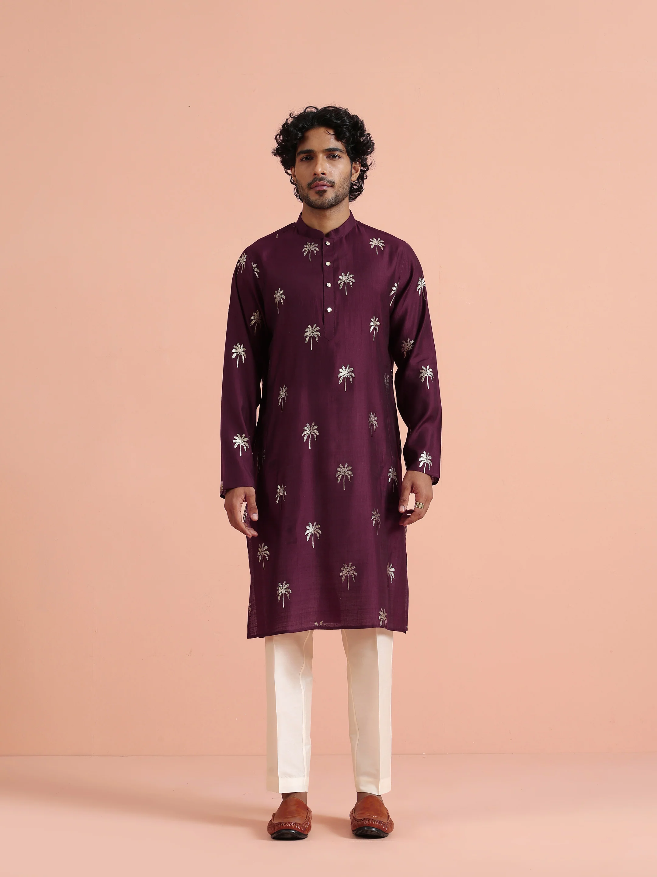 Wine Kurta with Palm Embroidery - Image 8