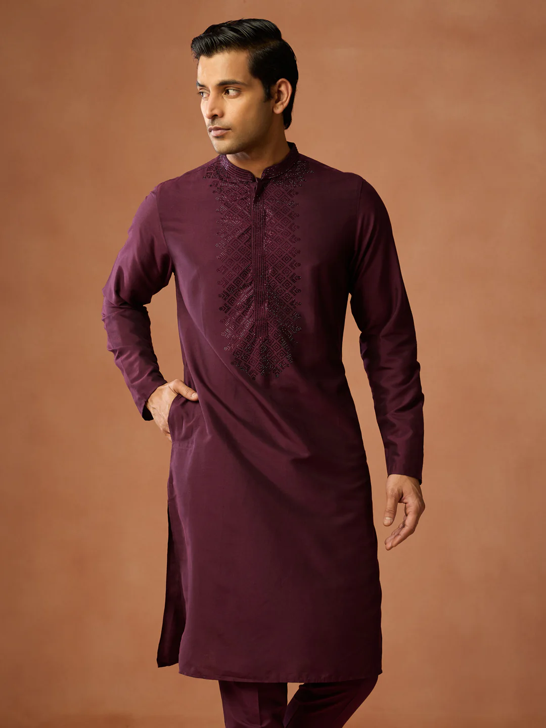 Wine Maroon Embroidered Silk Kurta