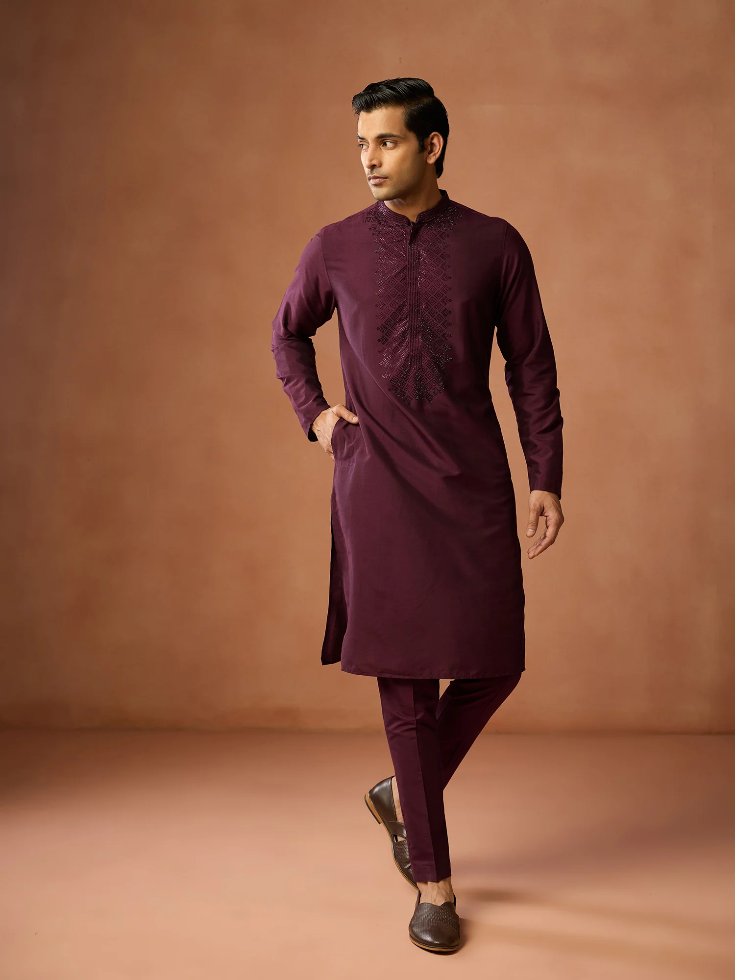 Wine Maroon Embroidered Silk Kurta - Image 3