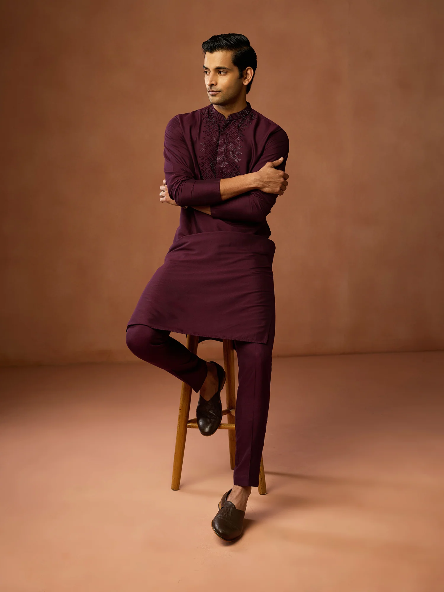 Wine Maroon Embroidered Silk Kurta - Image 6
