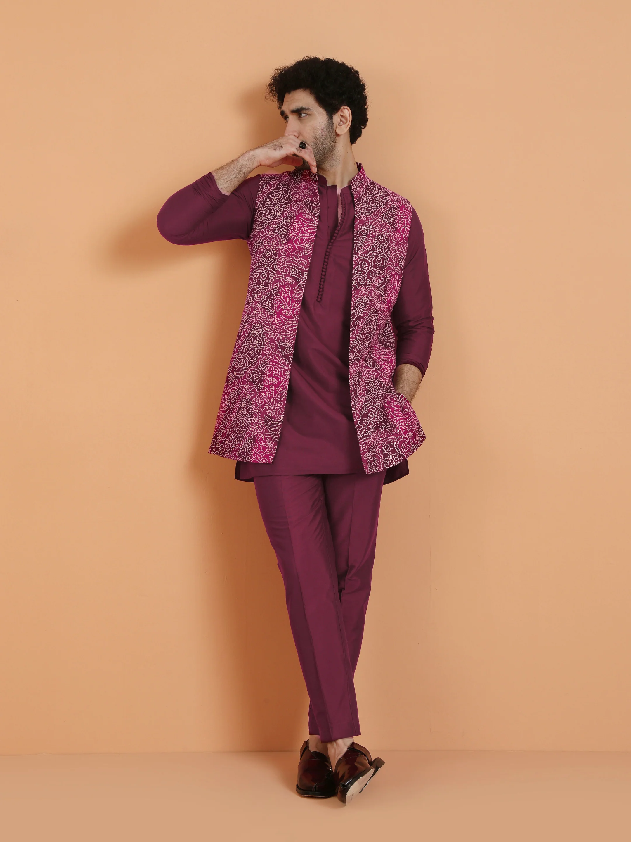 Maroon Silk Blend Printed Long Jacket Kurta Set