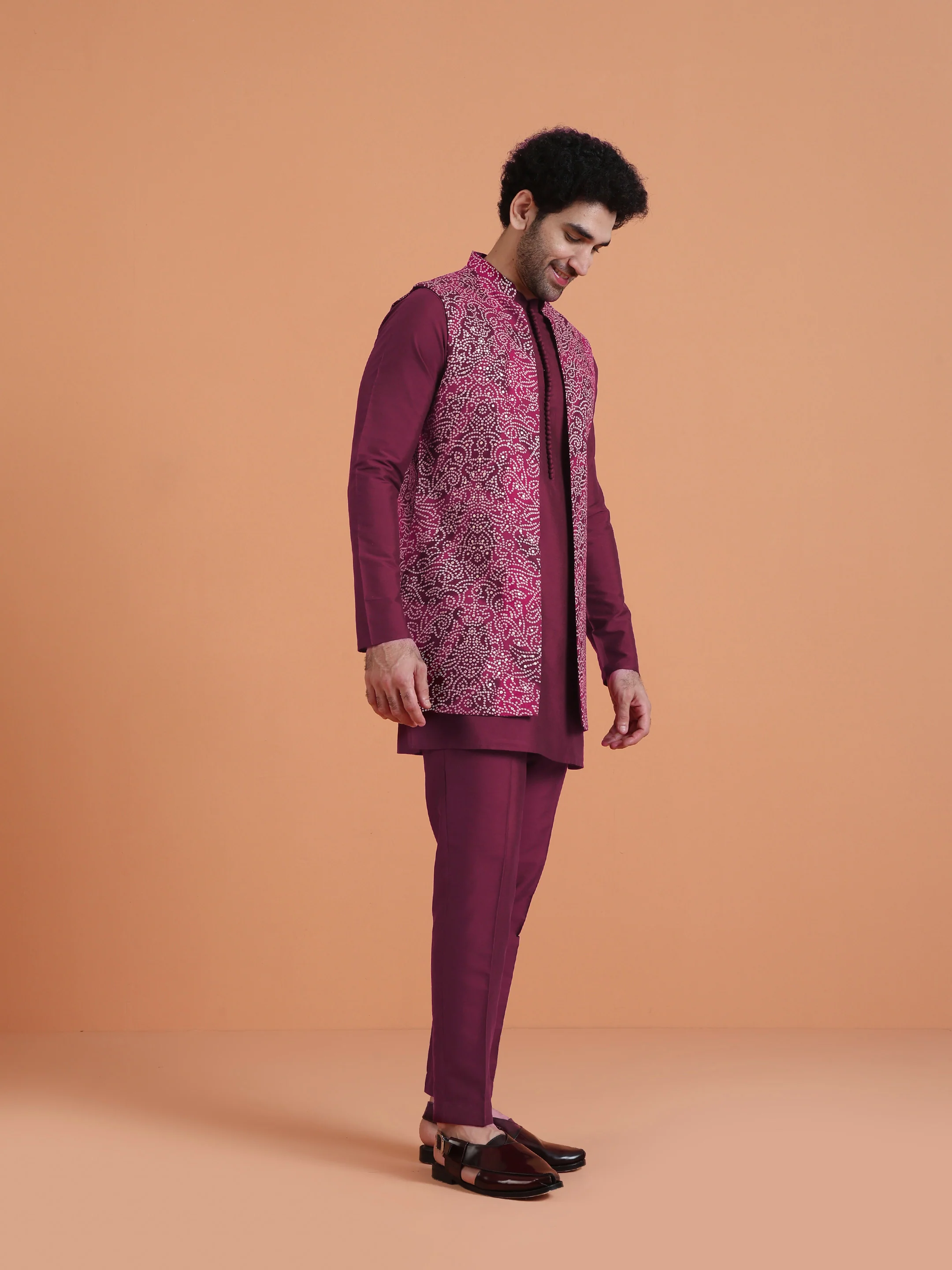 Maroon Silk Blend Printed Long Jacket Kurta Set - Image 3