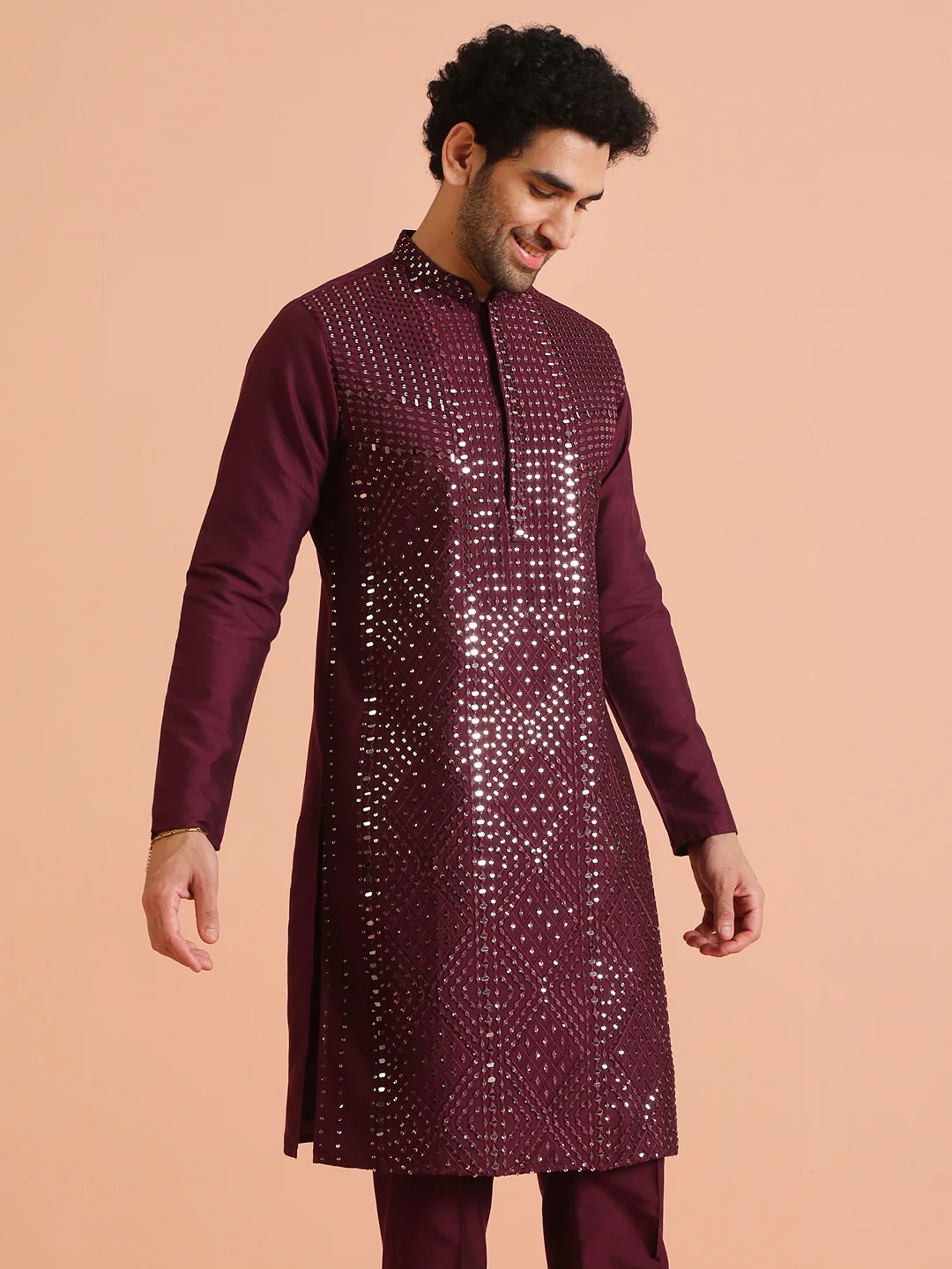 Wine Poly Silk Embellished Kurta