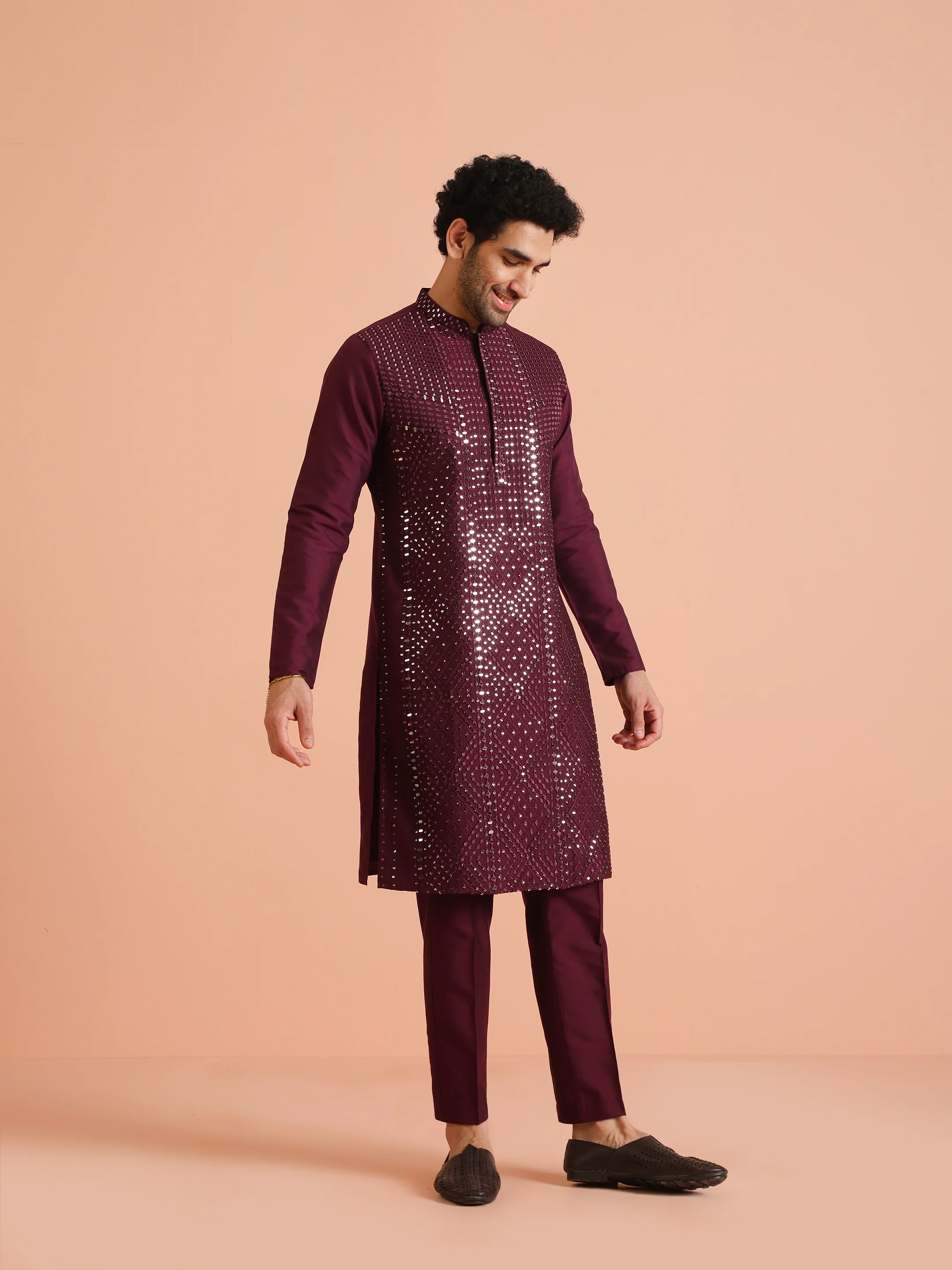 Wine Poly Silk Embellished Kurta - Image 2