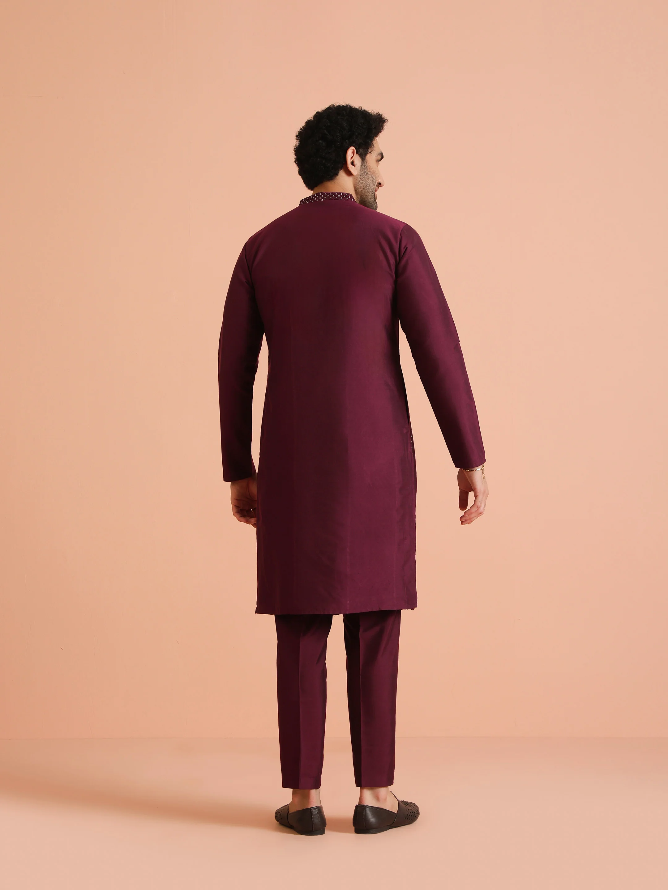 Wine Poly Silk Embellished Kurta - Image 4