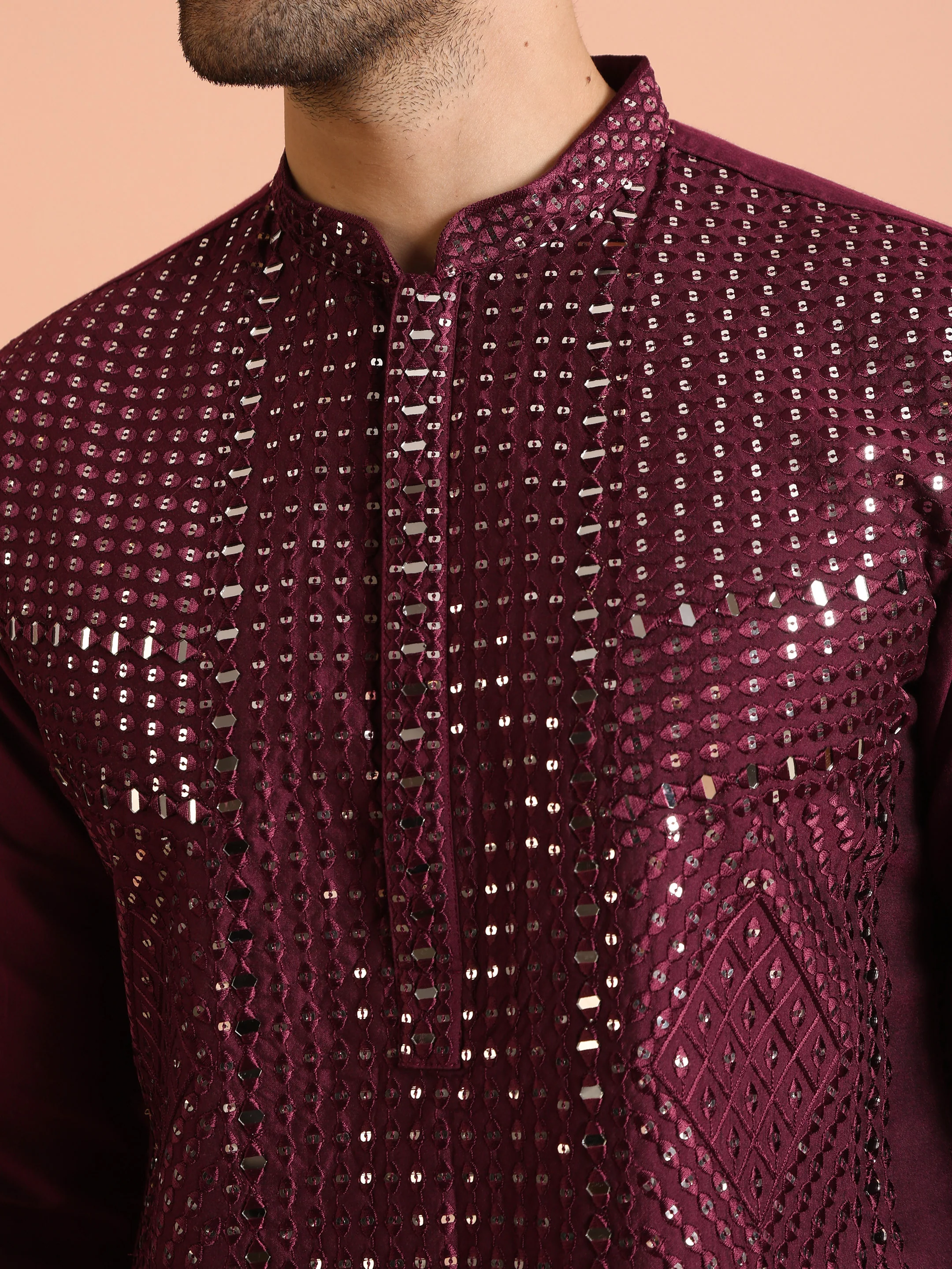 Wine Poly Silk Embellished Kurta - Image 5