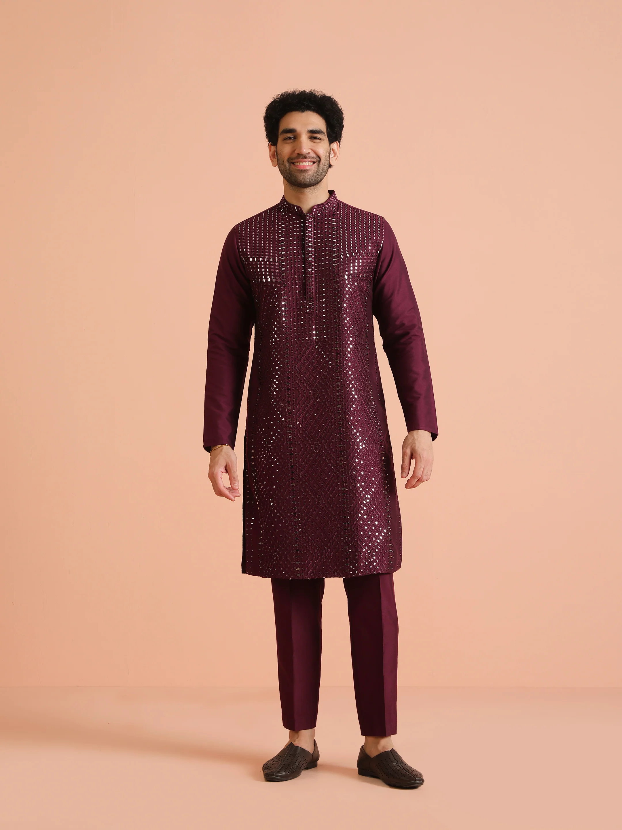 Wine Poly Silk Embellished Kurta - Image 6
