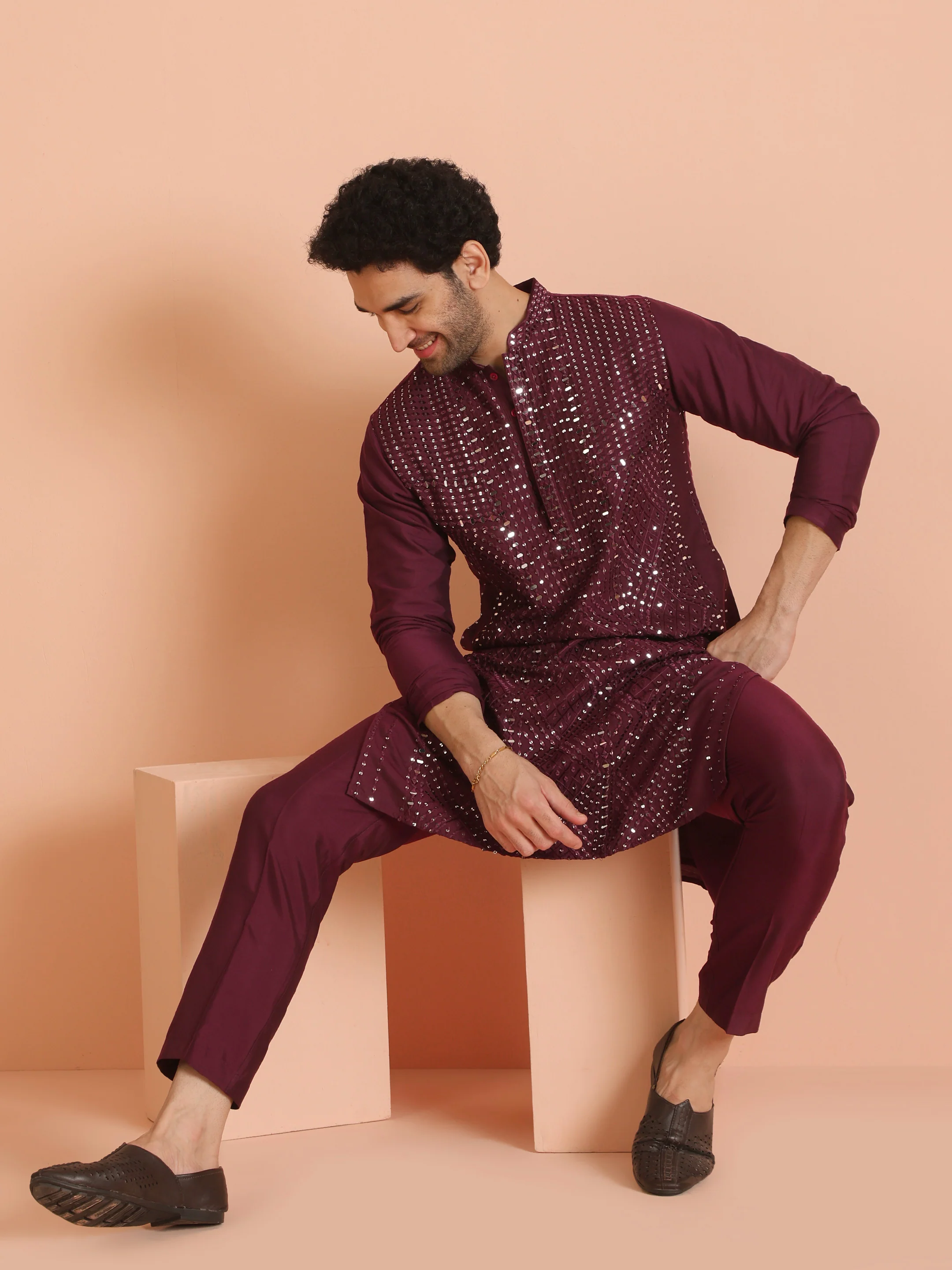 Wine Poly Silk Embellished Kurta - Image 7