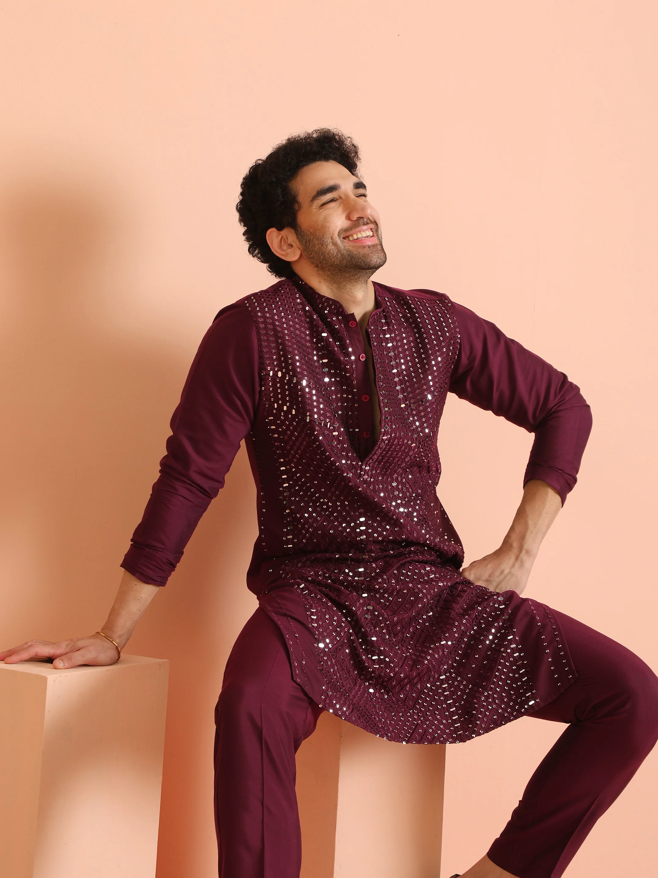 Wine Poly Silk Embellished Kurta Trouser Set - Image 8