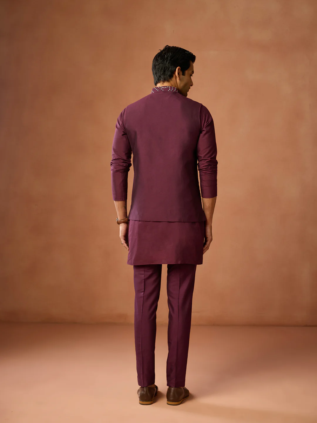 Wine Silk Blend Embroidered Nehru Jacket - Image 4