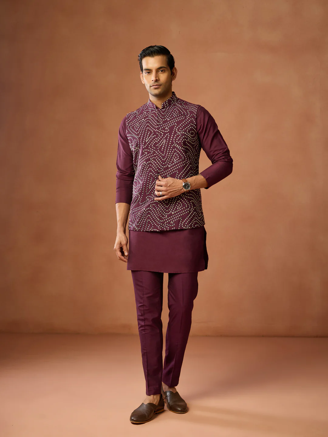 Maroon Silk Blend Embroidered Kurta Jacket Set