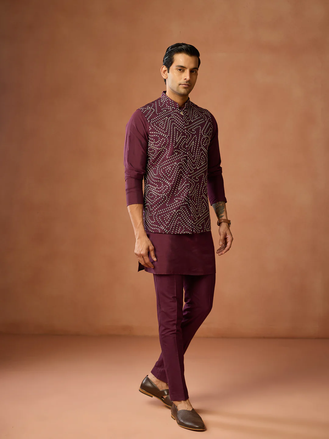 Maroon Silk Blend Embroidered Kurta Jacket Set - Image 2