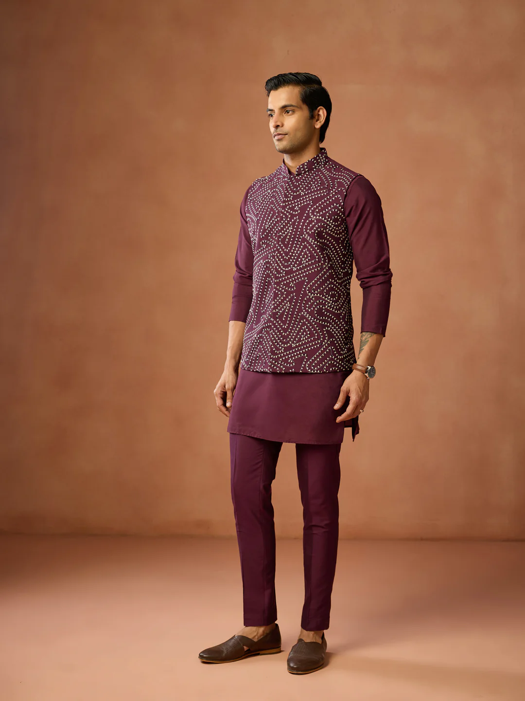 Maroon Silk Blend Embroidered Kurta Jacket Set - Image 3