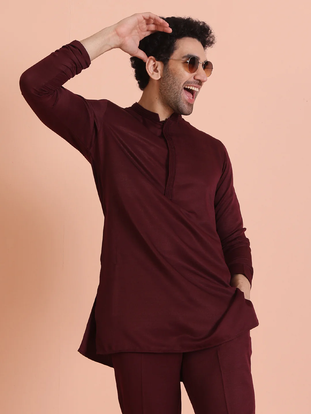 Wine Poly Silk Solid Mid Kurta