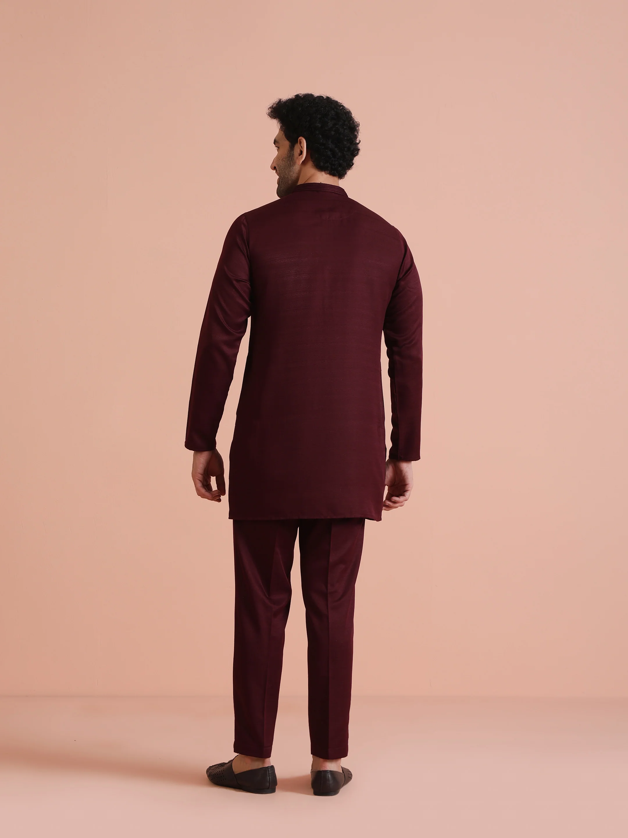 Wine Poly Silk Solid Mid Kurta - Image 4