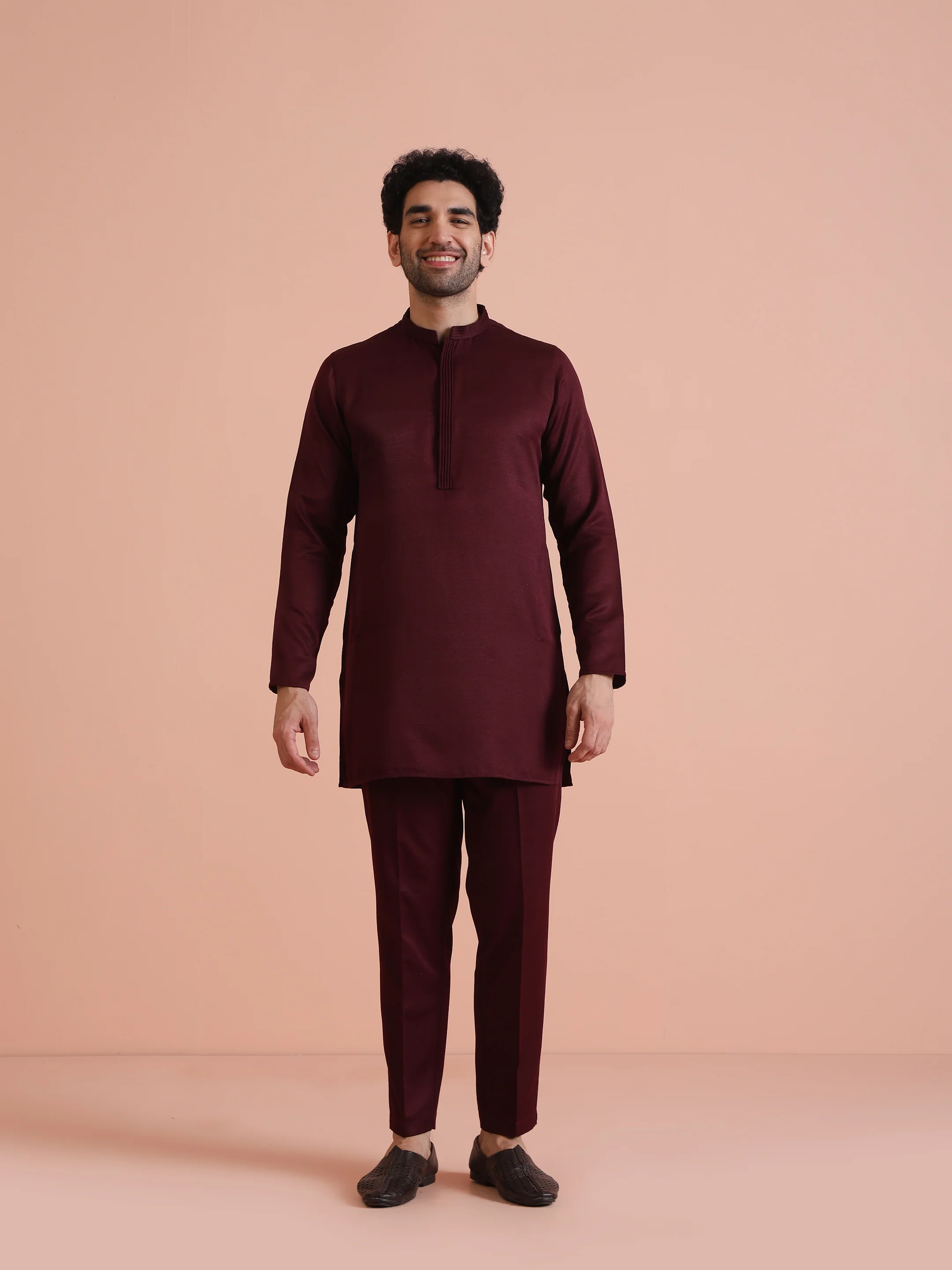 Wine Poly Silk Solid Mid Kurta - Image 6