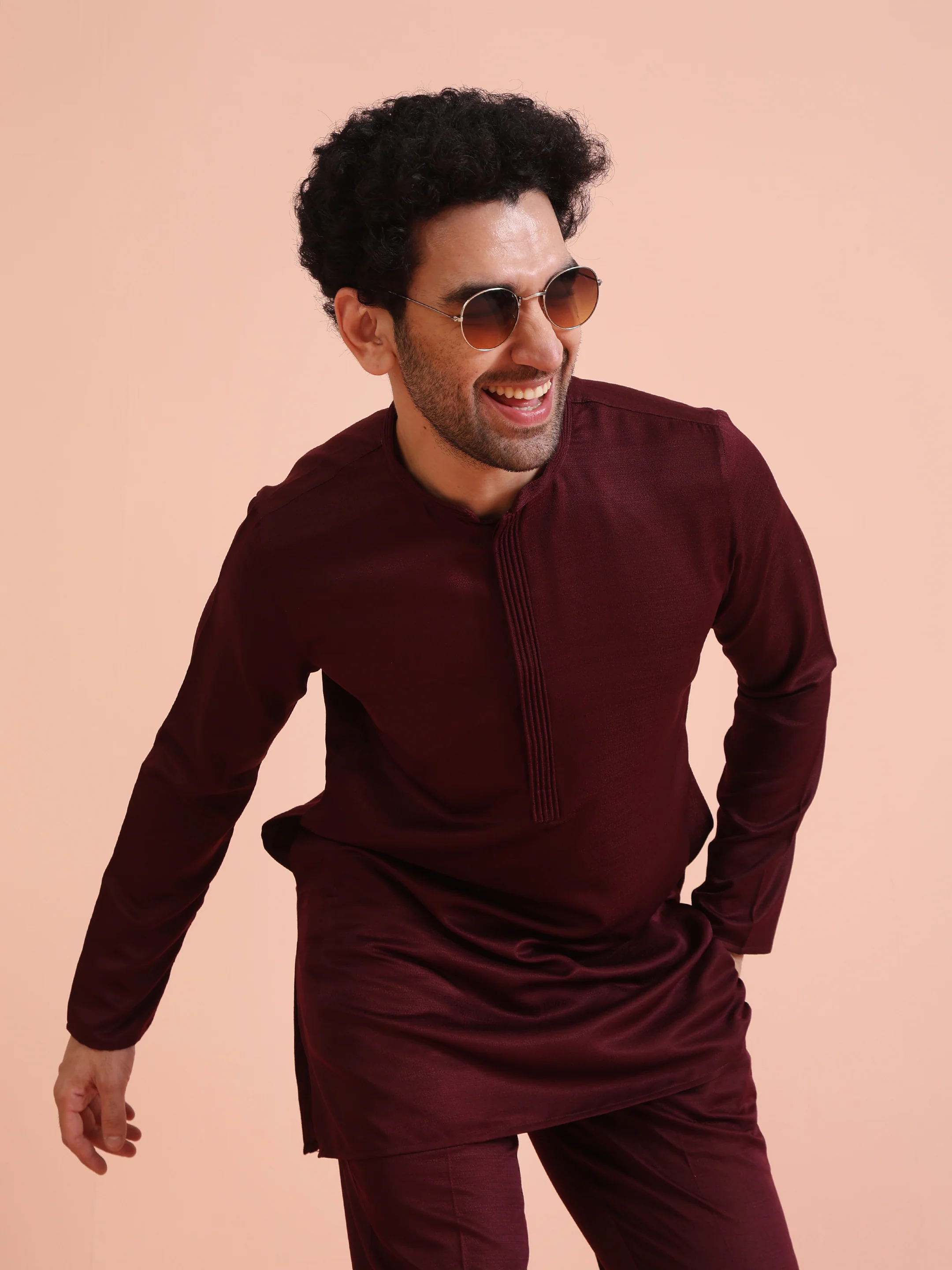 Wine Poly Silk Solid Mid Kurta - Image 8