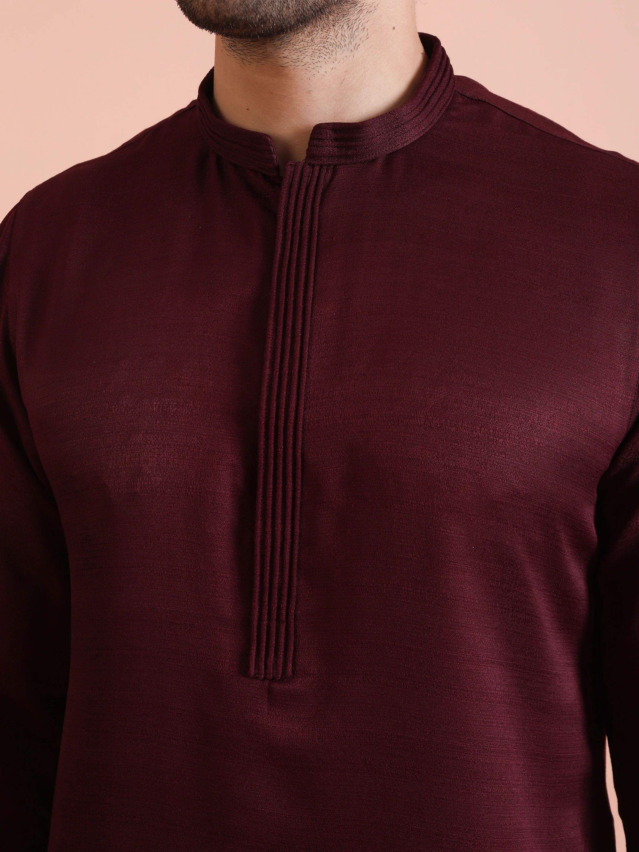 Wine Poly Silk Solid Mid Kurta Trouser Set - Image 5