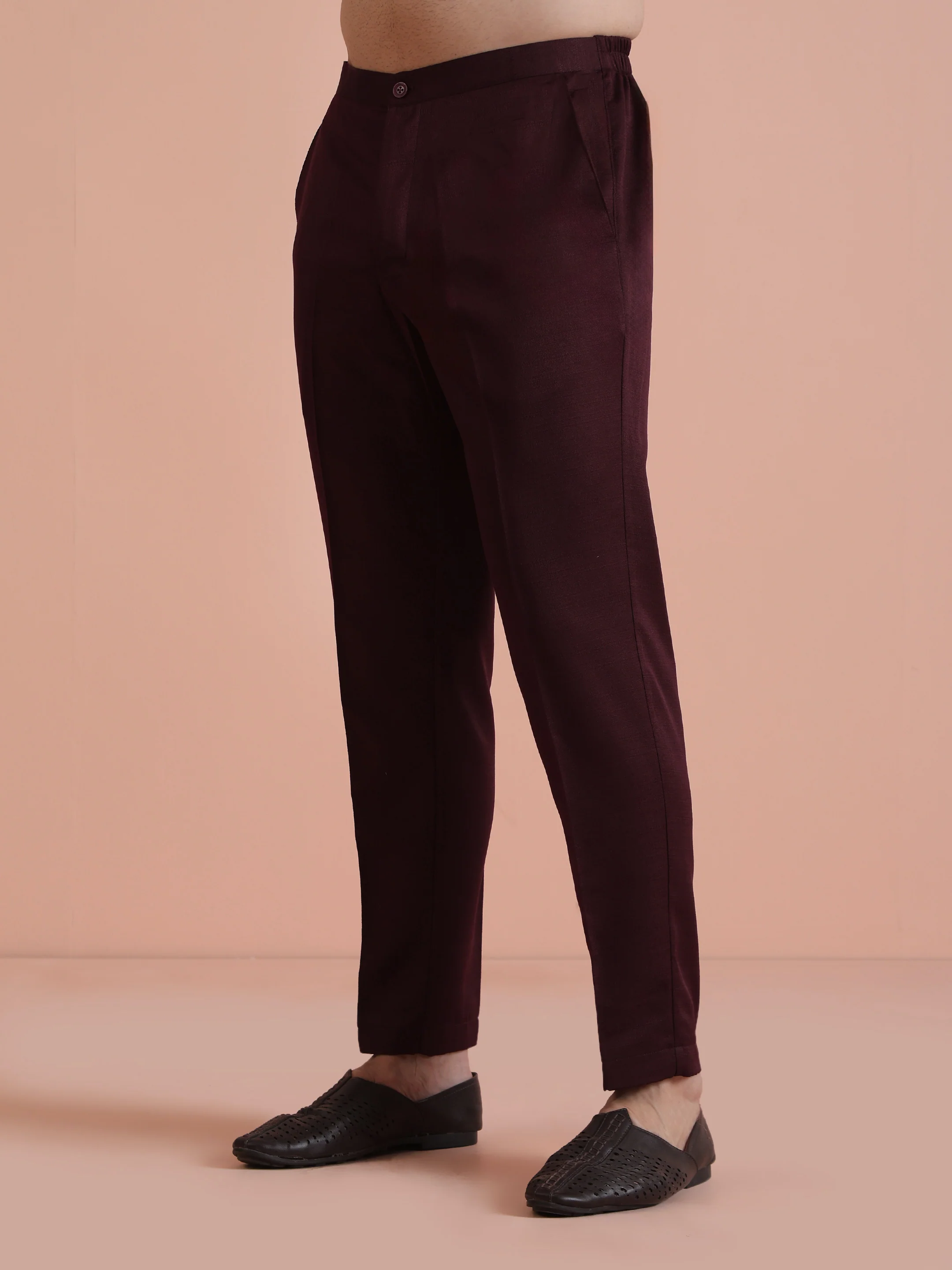 Wine Poly Silk Solid Mid Kurta Trouser Set - Image 6