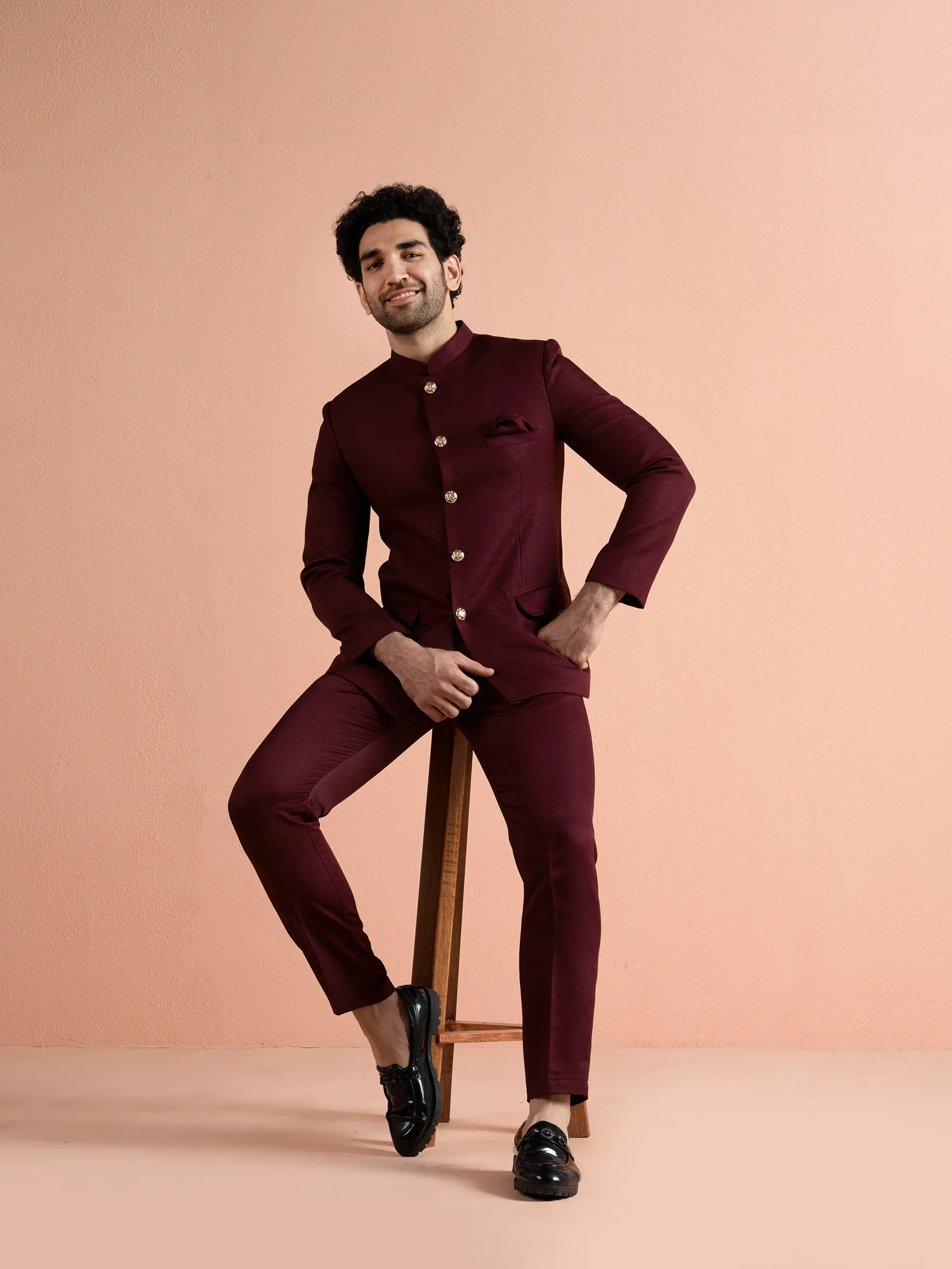 Wine Poly Viscose Solid Bandhgala Trouser Set - Image 8
