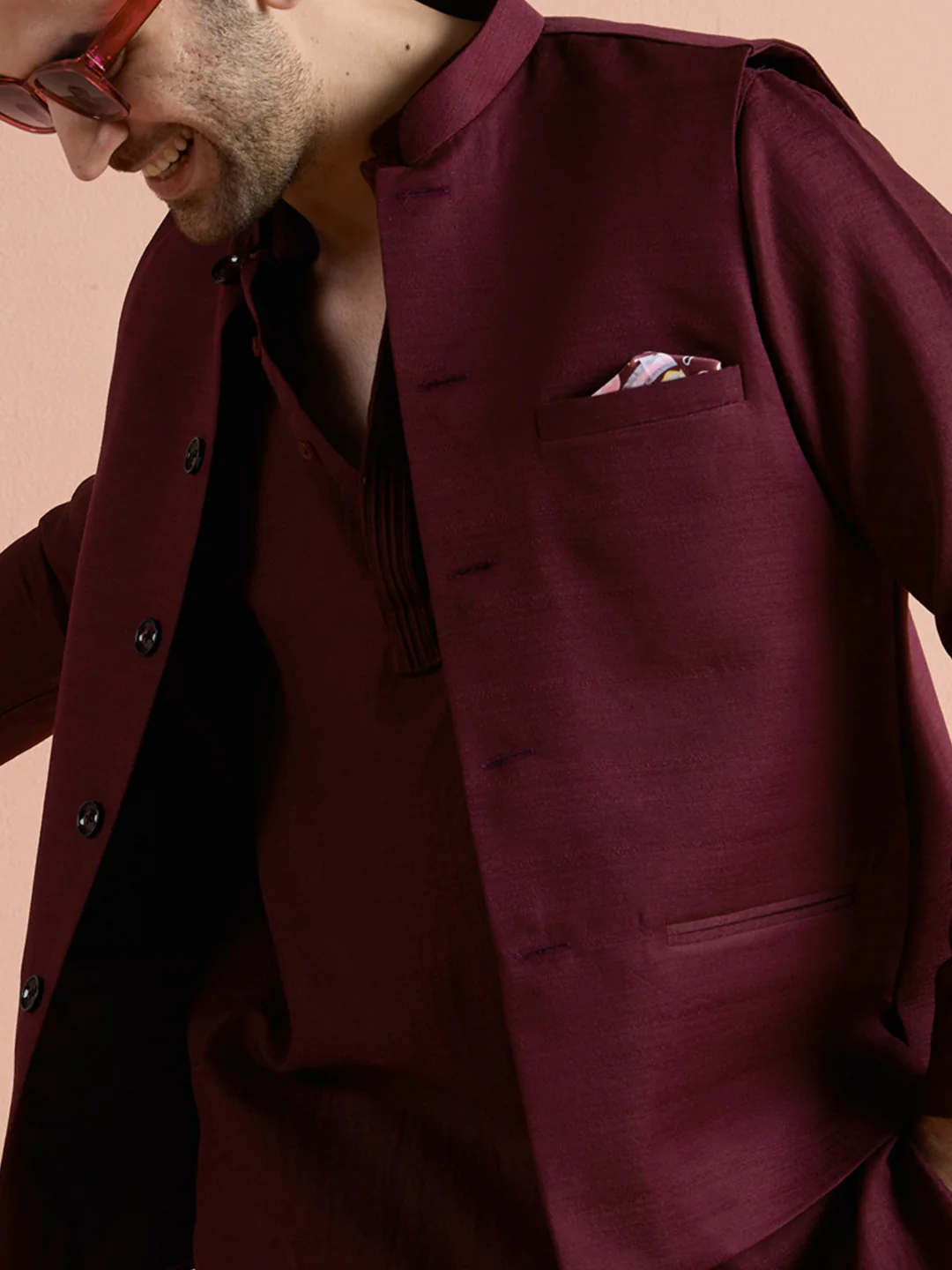 Wine Poly Viscose Solid Mid Kurta Jacket Trouser Set - Image 5