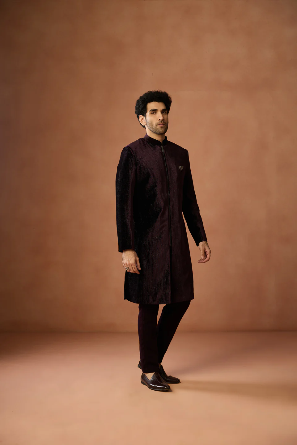 Wine Velvet Zipper Sherwani Trouser Set