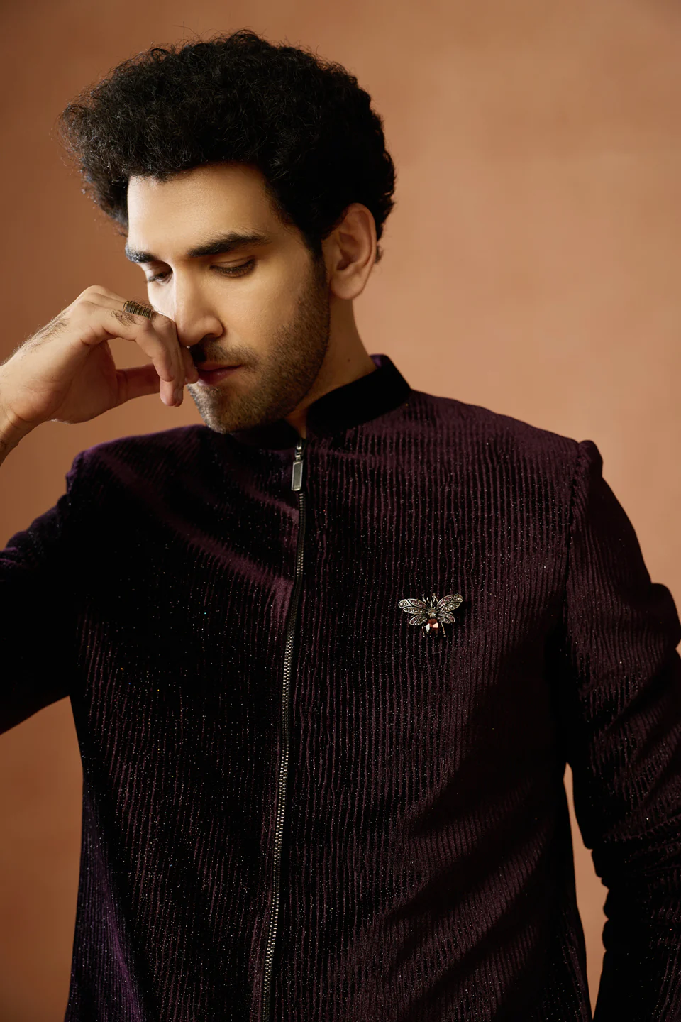 Wine Velvet Zipper Sherwani Trouser Set - Image 5