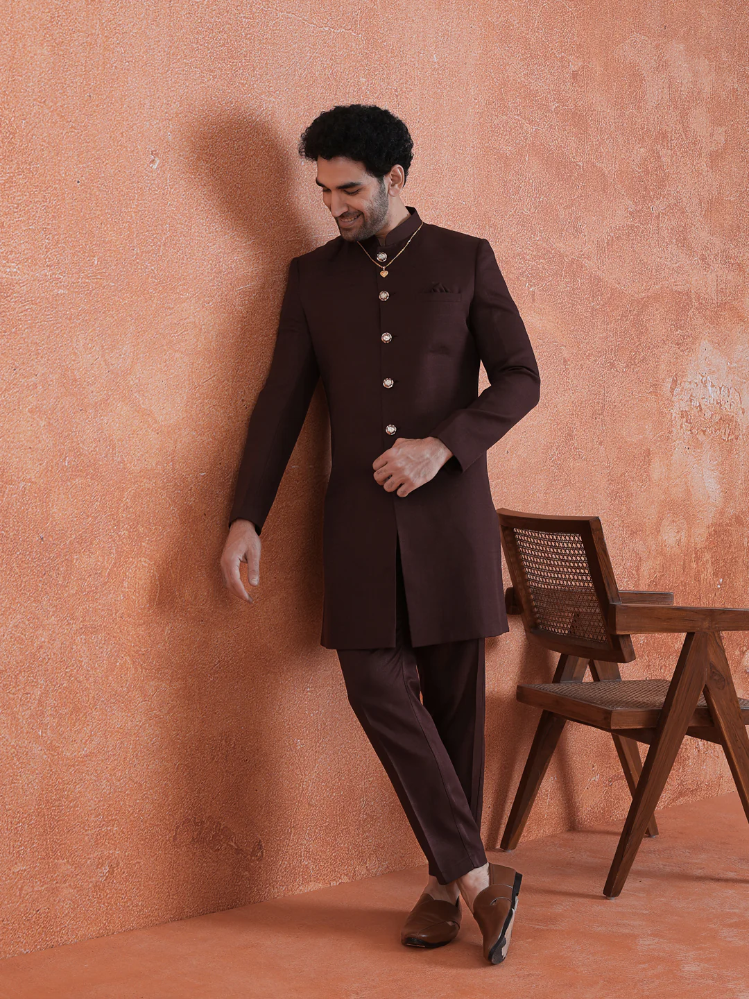 Wine Polyviscose Solid Sherwani Trouser Set