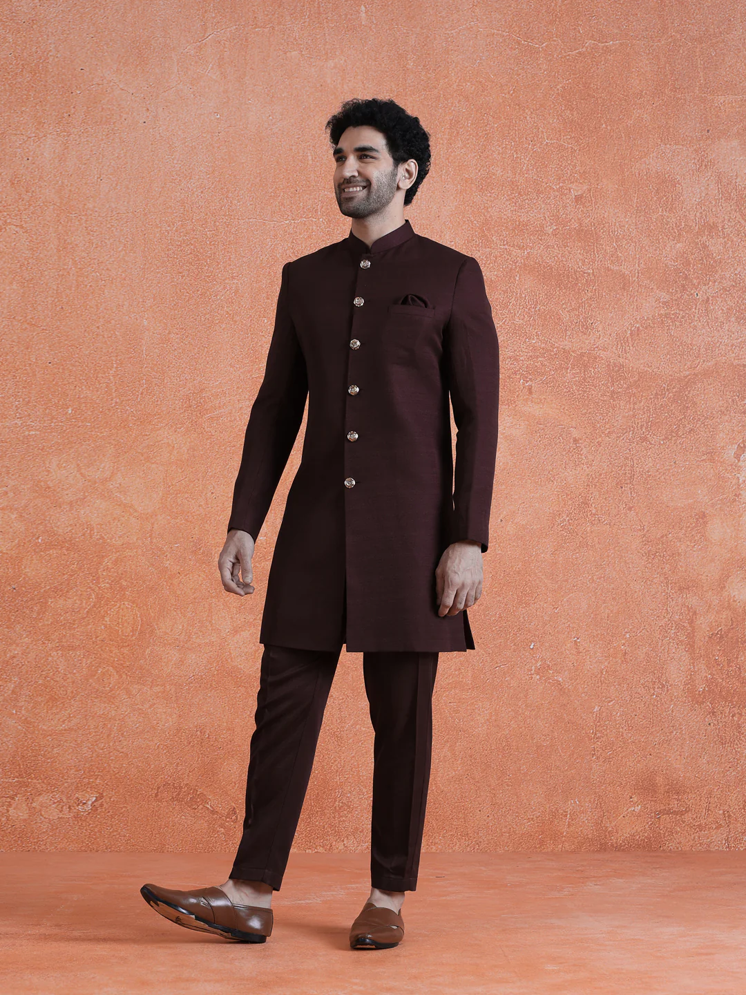 Wine Polyviscose Solid Sherwani Trouser Set - Image 2