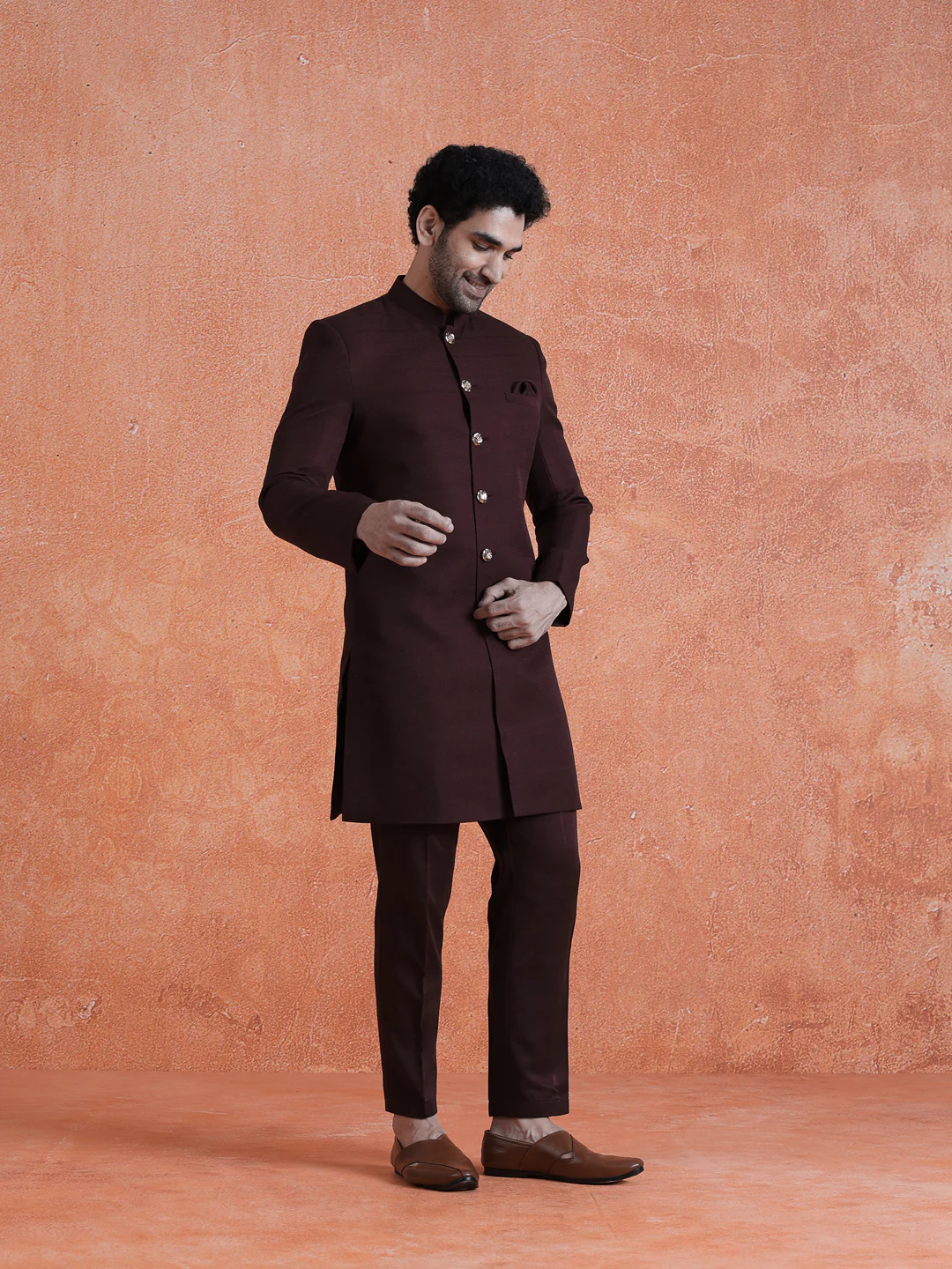 Wine Polyviscose Solid Sherwani Trouser Set - Image 3