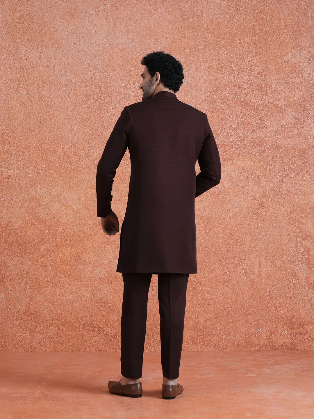 Wine Polyviscose Solid Sherwani Trouser Set - Image 4