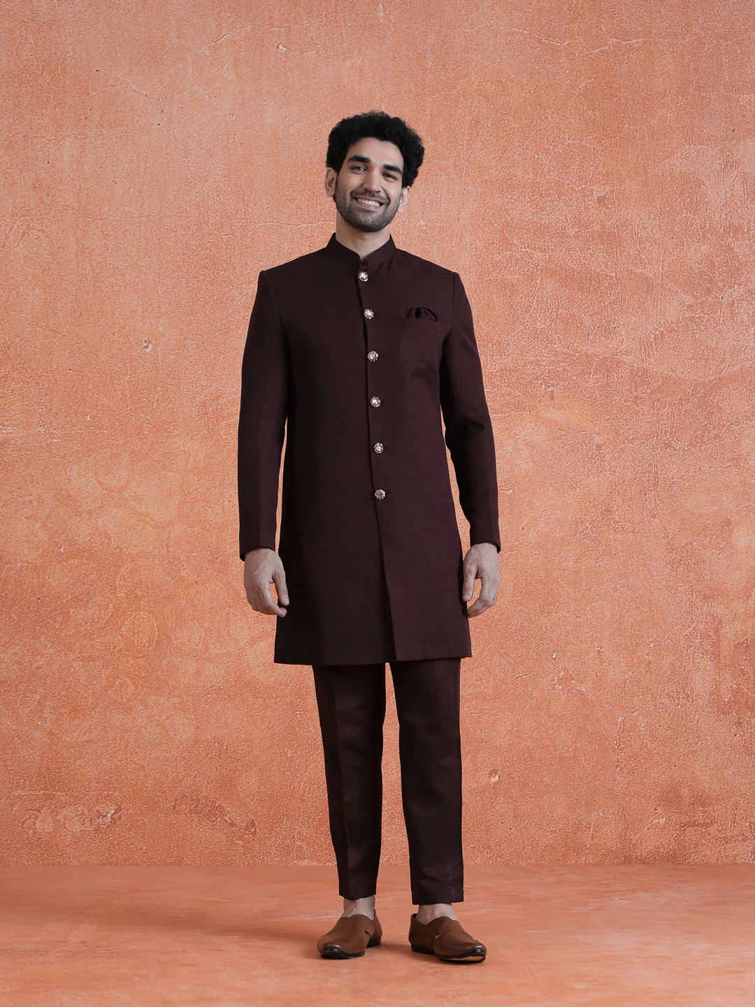 Wine Polyviscose Solid Sherwani Trouser Set - Image 8