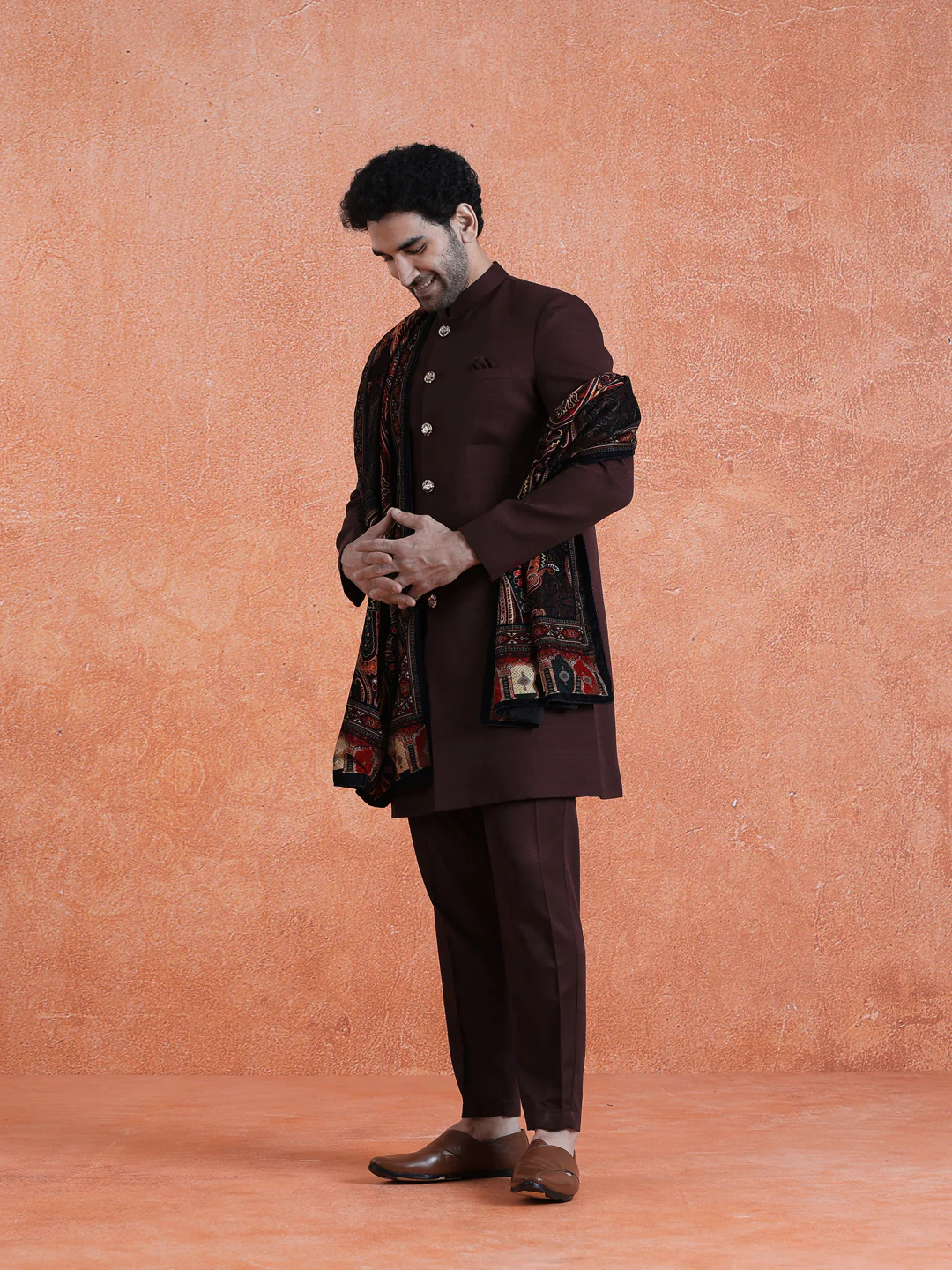 Wine Polyviscose Solid Sherwani Trouser Set With Velvet Dupatta - Image 2
