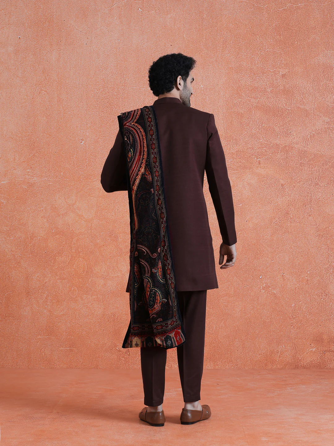 Wine Polyviscose Solid Sherwani Trouser Set With Velvet Dupatta - Image 4