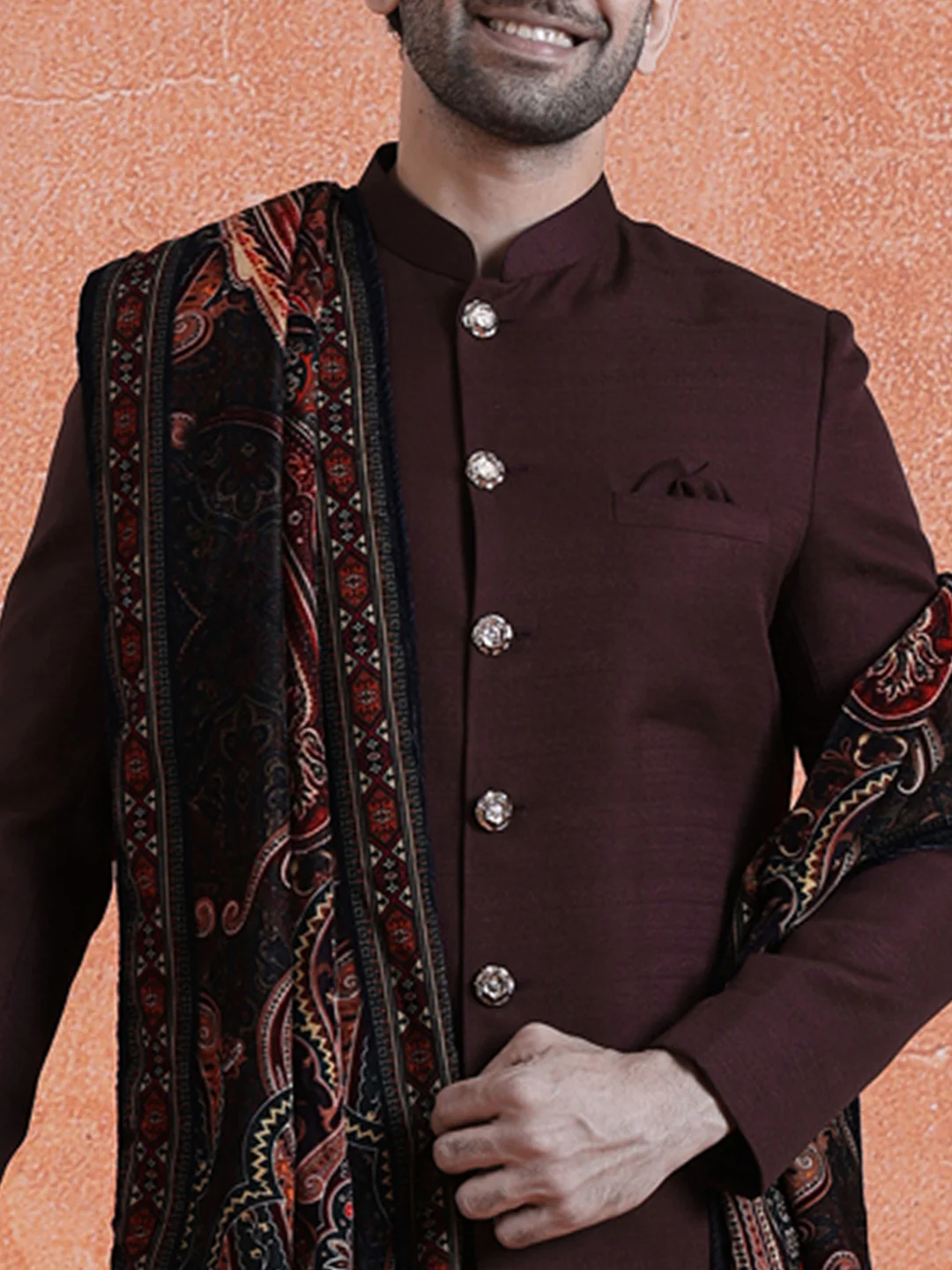 Wine Polyviscose Solid Sherwani Trouser Set With Velvet Dupatta - Image 5