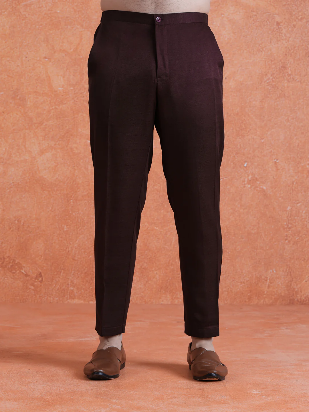 Wine Polyviscose Solid Sherwani Trouser Set With Velvet Dupatta - Image 6