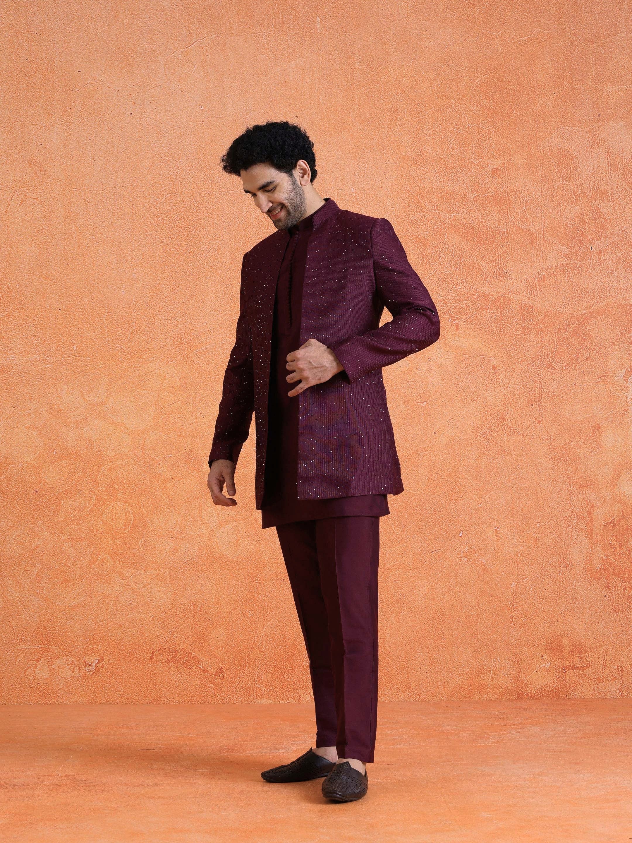 Wine Silk Blend Jacquard Mid Kurta Front Open Sherwani Trouser Set - Image 2