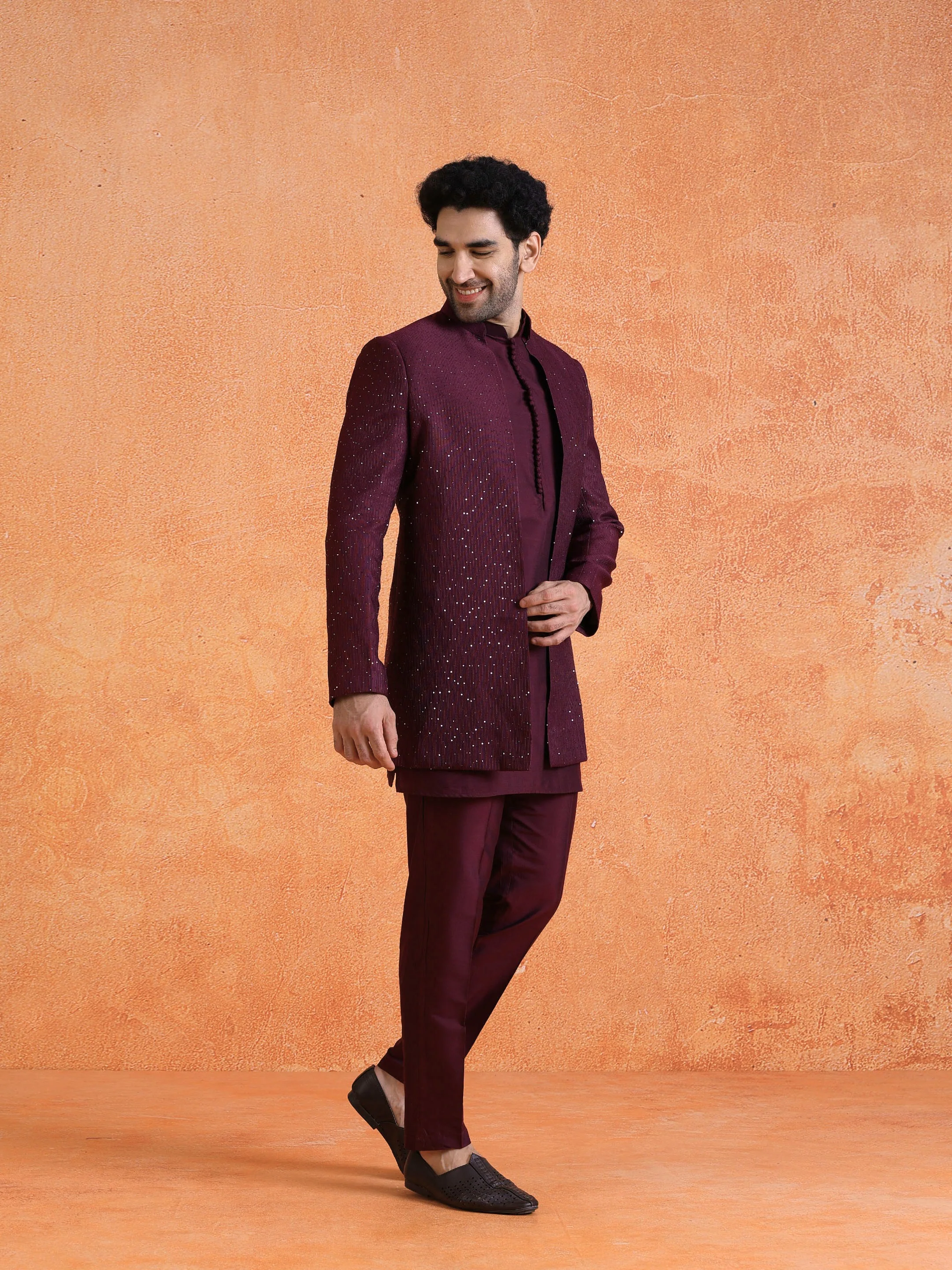 Wine Silk Blend Jacquard Mid Kurta Front Open Sherwani Trouser Set - Image 3