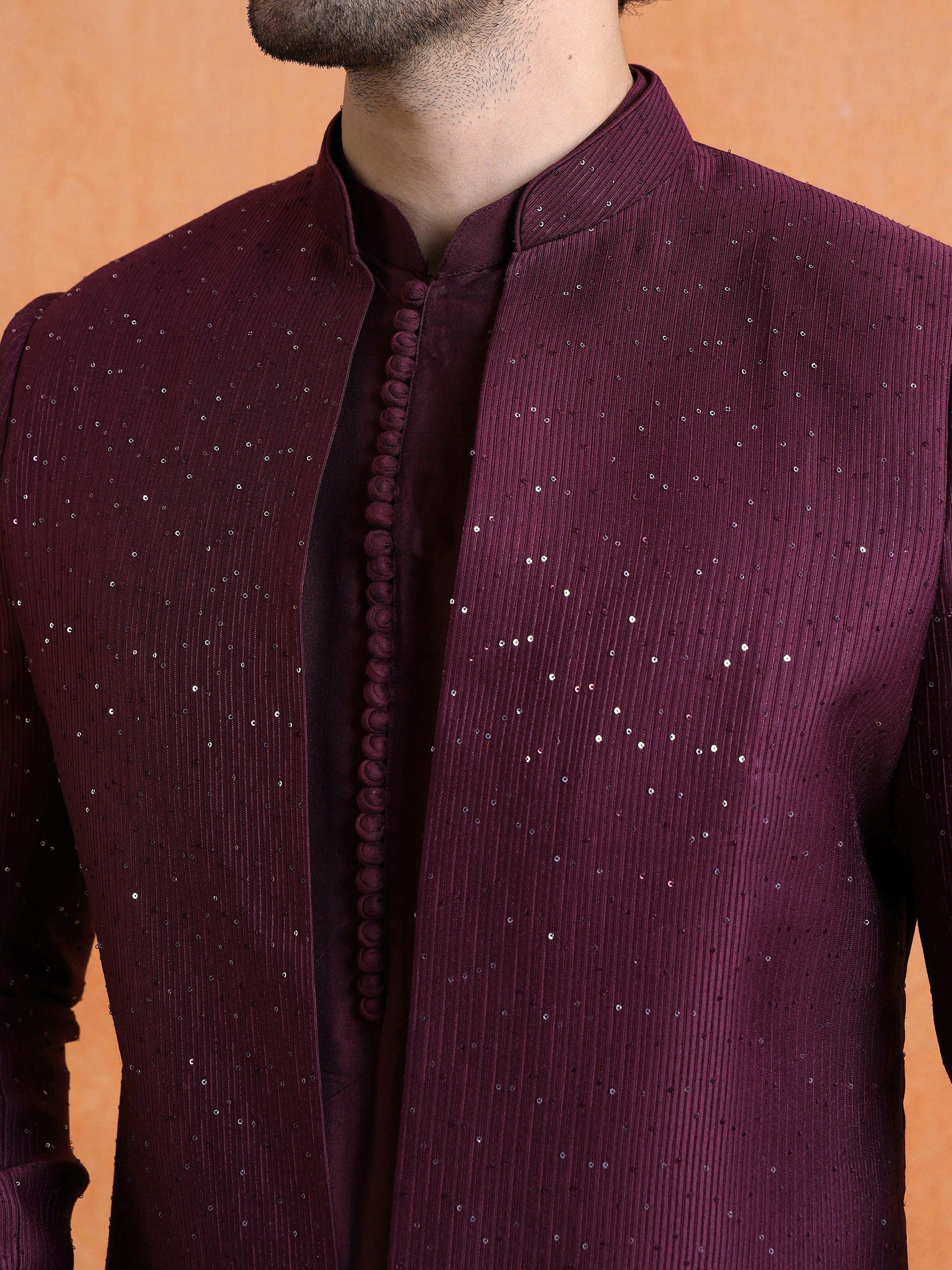 Wine Silk Blend Jacquard Mid Kurta Front Open Sherwani Trouser Set - Image 5