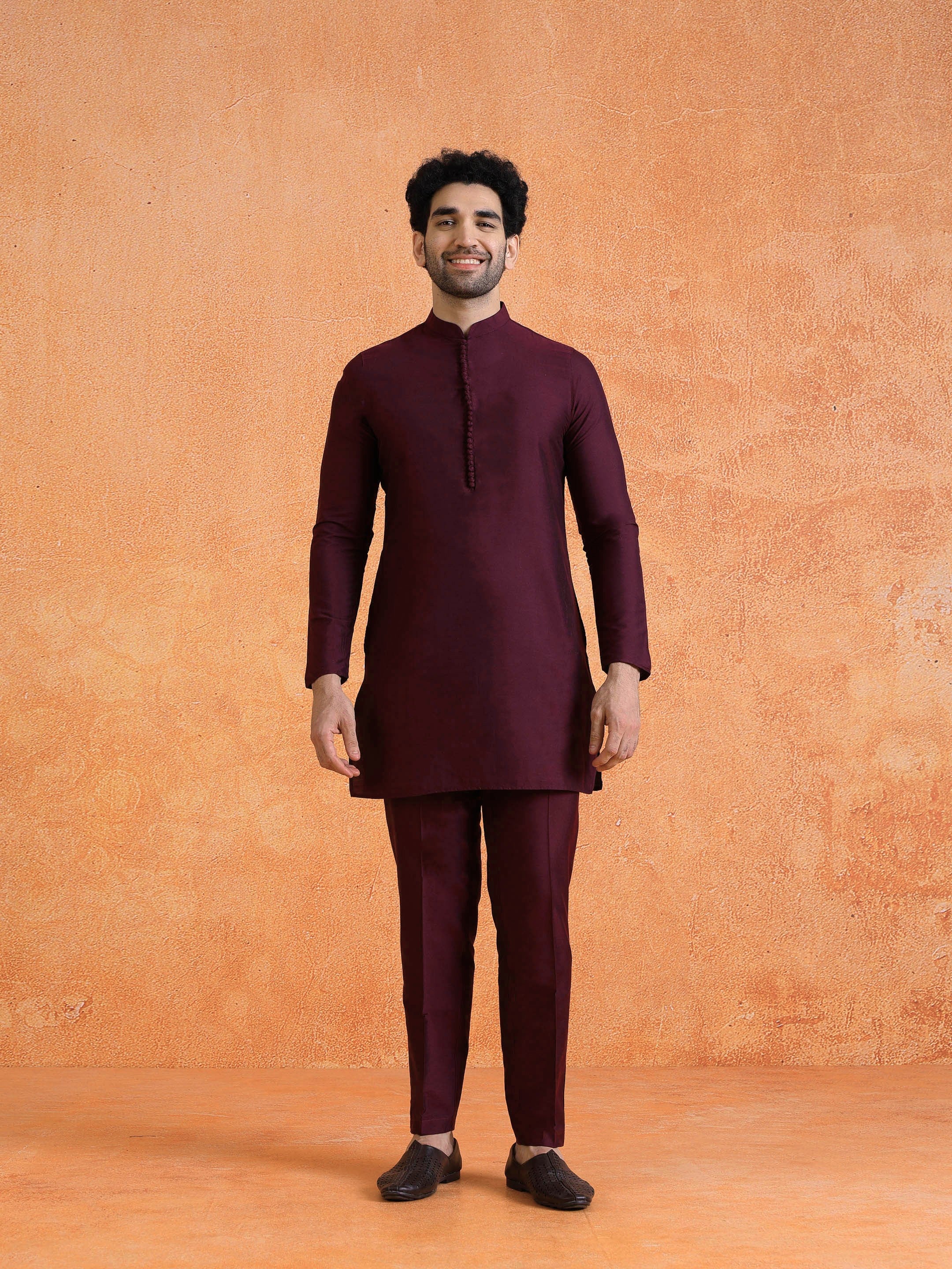 Wine Silk Blend Jacquard Mid Kurta Front Open Sherwani Trouser Set - Image 7