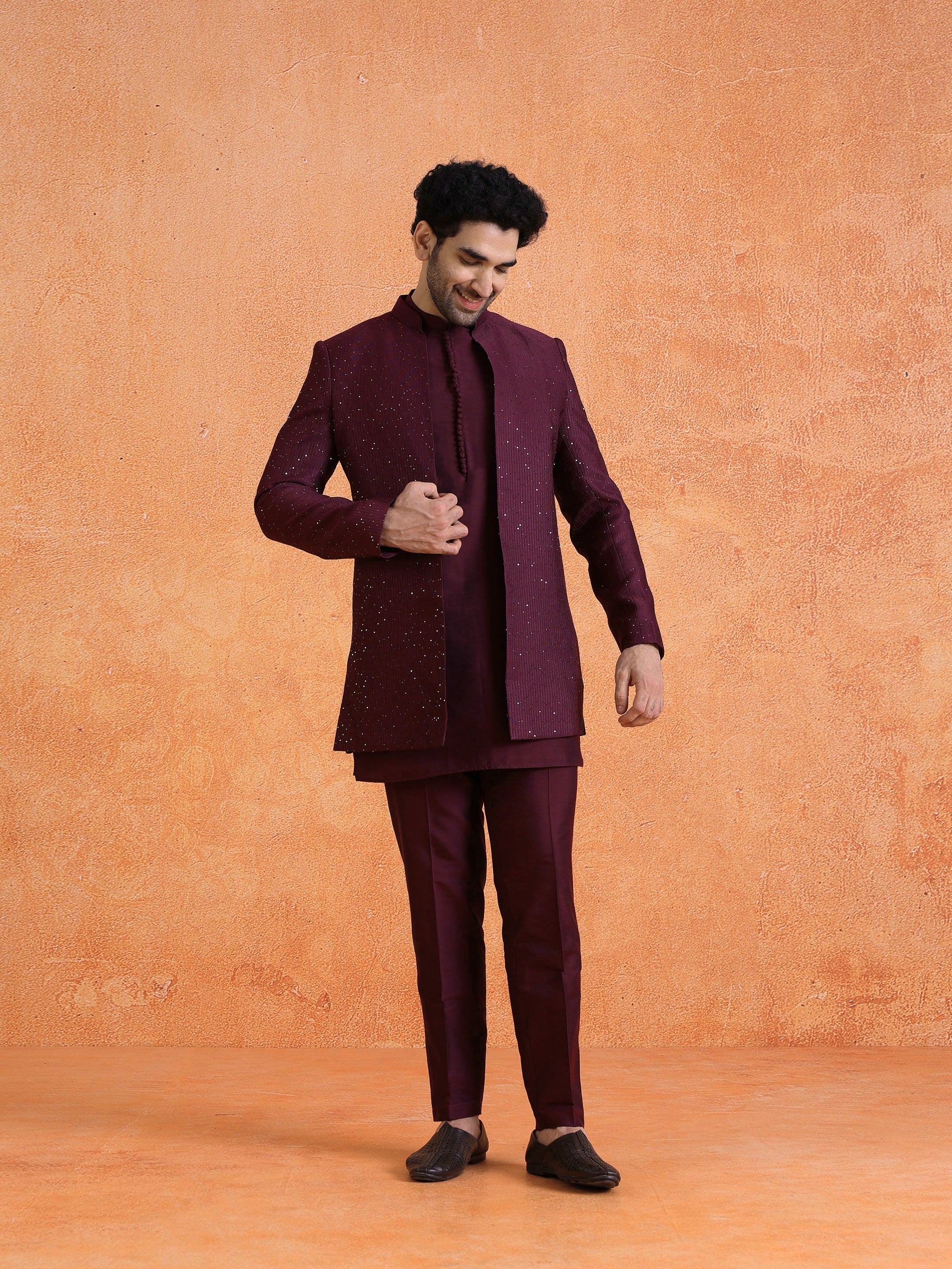 Wine Silk Blend Jacquard Mid Kurta Front Open Sherwani Trouser Set - Image 8