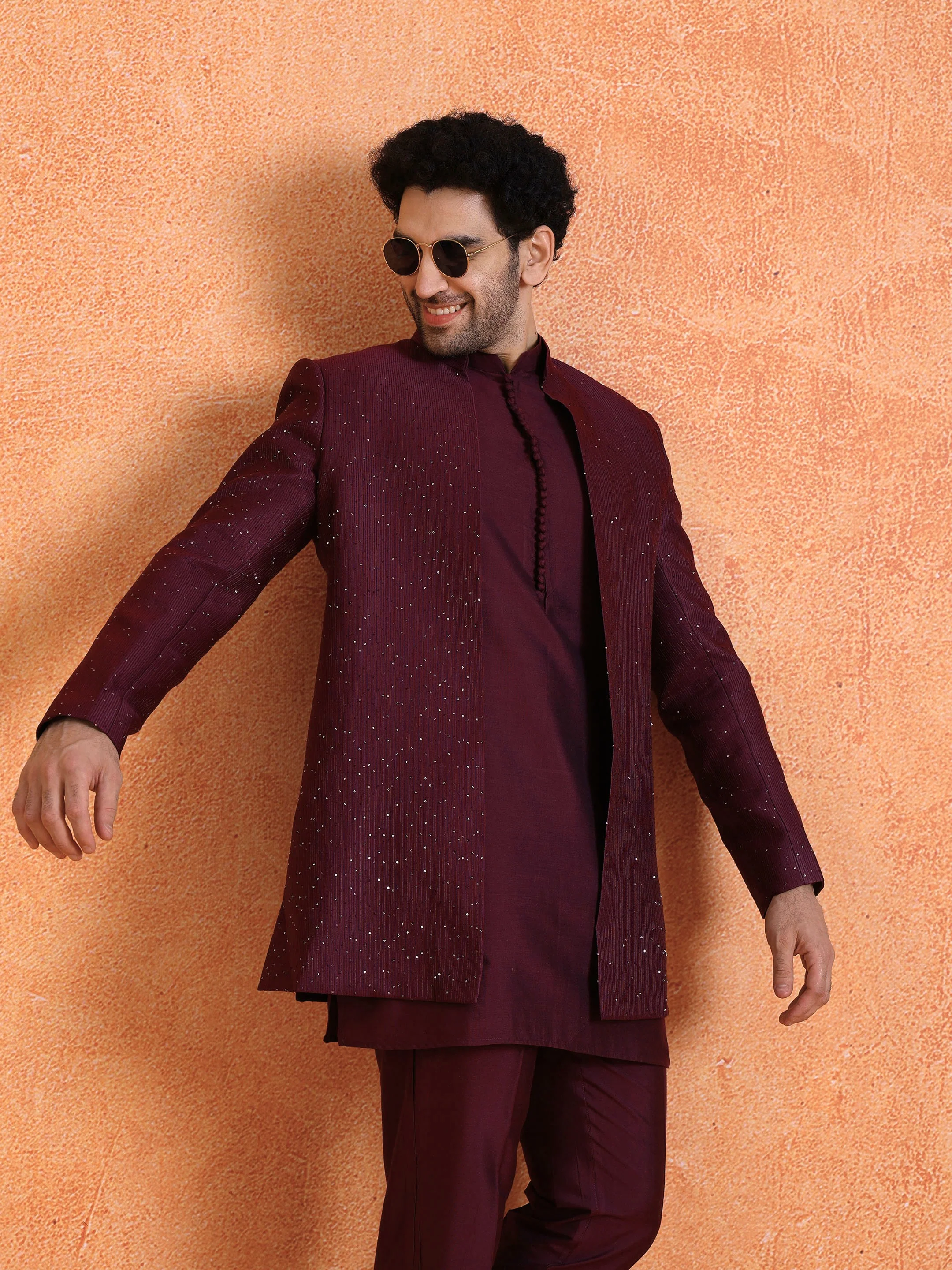 Wine Silk Blend Jacquard Mid Kurta Front Open Sherwani Trouser Set - Image 9