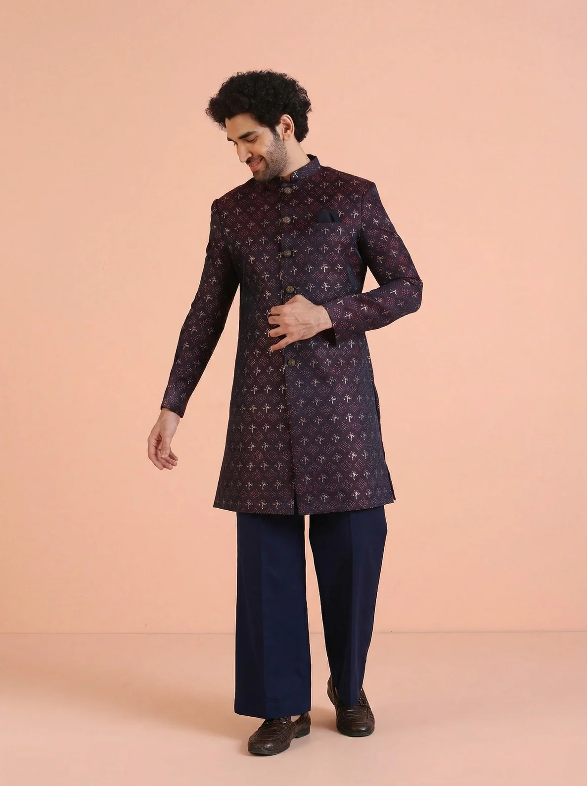 Wine Silk Blend Jacquard Sherwani Wide Leg Trouser Set - Image 2